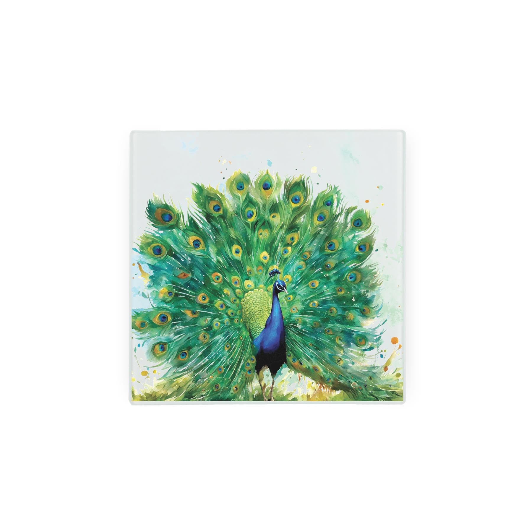 Majestic Peacock Glass Hot Pot Stand Trivet - Exotic Feathered Bird Housewarming Gift - Vibrant Kitchen Chopping/Cutting Board Worktop Protector with Non-Slip Feet 20cm x 20cm (8" x 8")