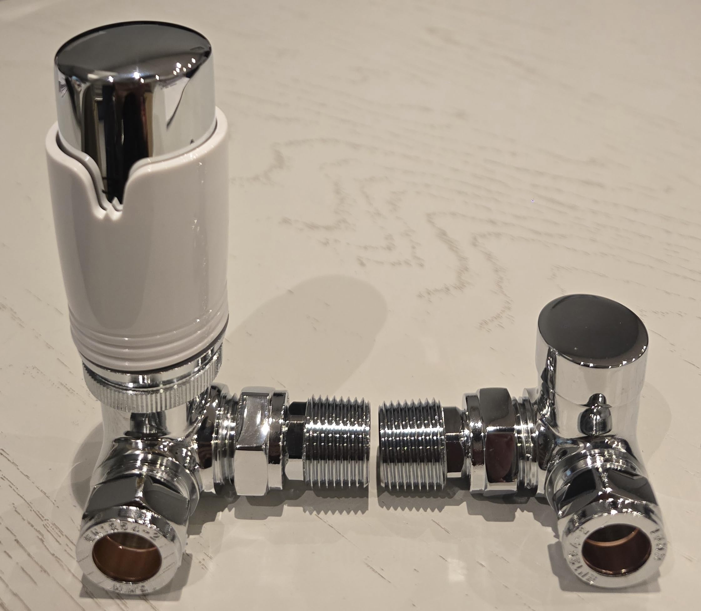 TC Premium Corner Angled Thermostatic Radiator Valves & Lockshield Valve 15mm Chrome White TRV Pack