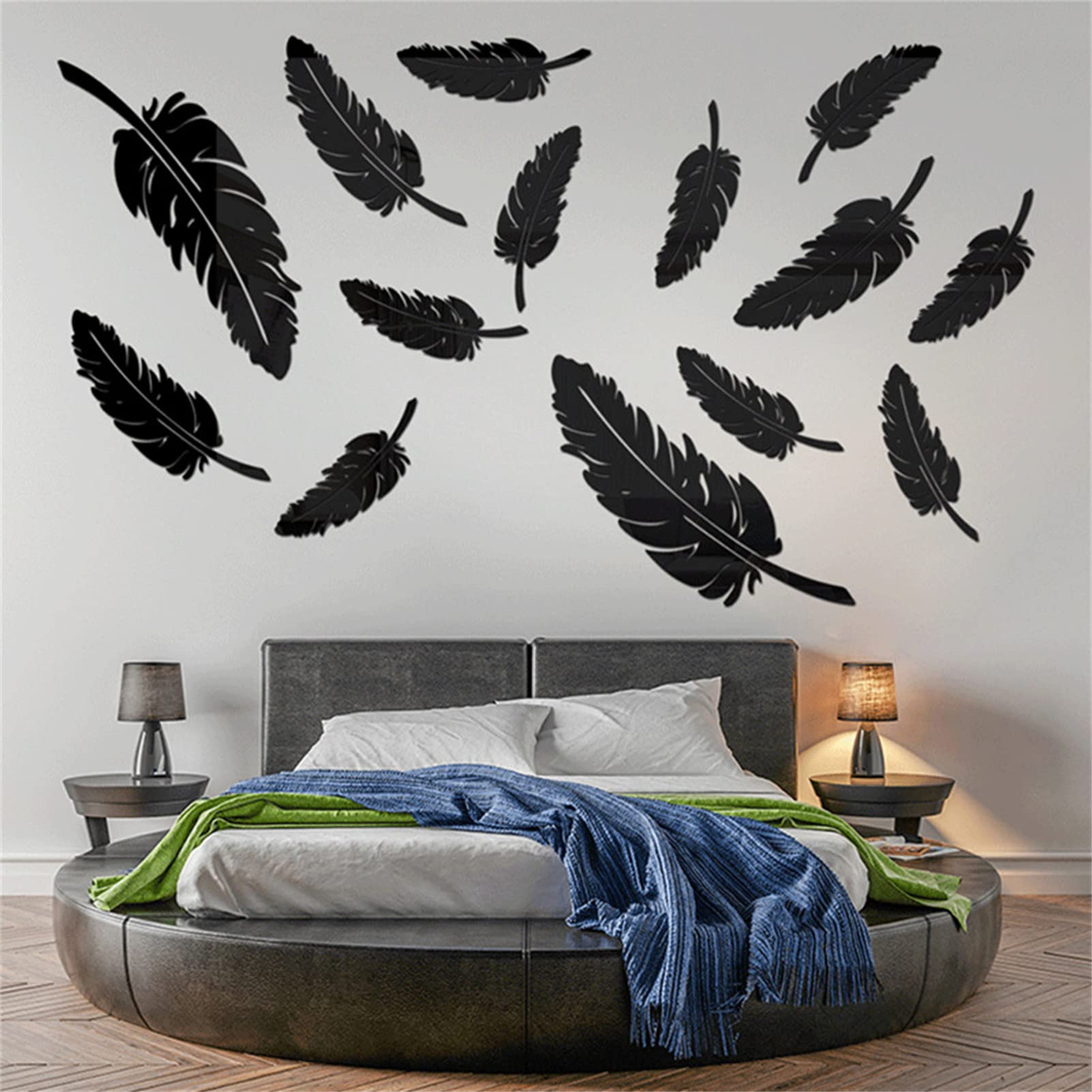 TROYSINC 15 Stück 3D Spiegel Acryl Wandaufkleber, Große Blätter Kunst WandSpiegel Wandtattoo, DIY Aufkleber Spiegel Wanddekor für Schlafzimmer Wohnzimmer (Schwarz)