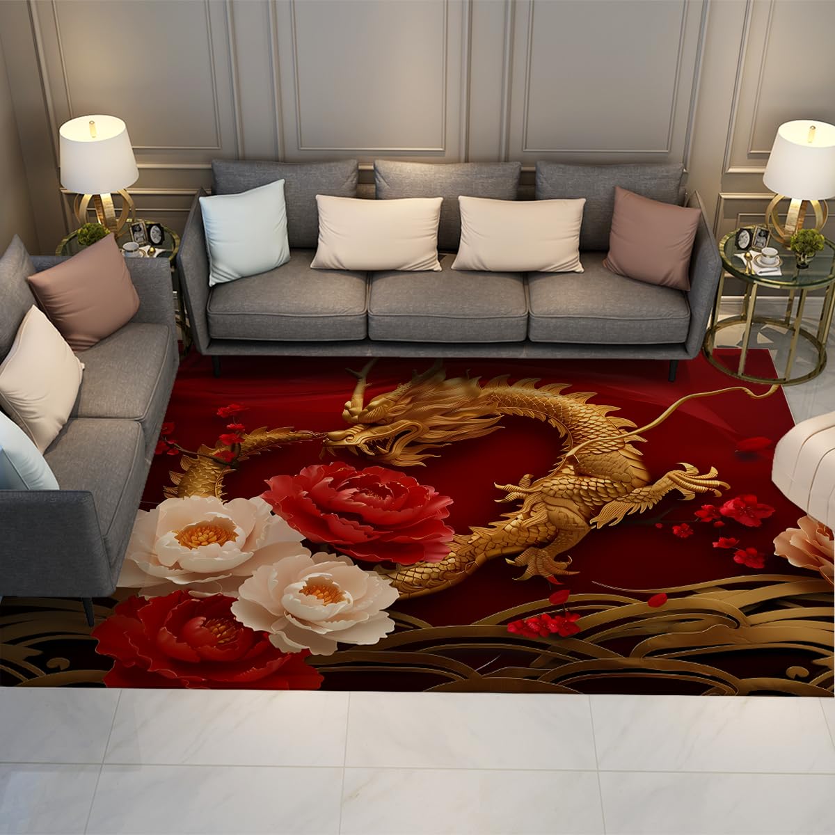 Dywan 3D smok japońskie chińskie salon sypialnia piwonia cienka antypoślizgowa azjatyckie mycie salon gry jadalnia 60x120cm