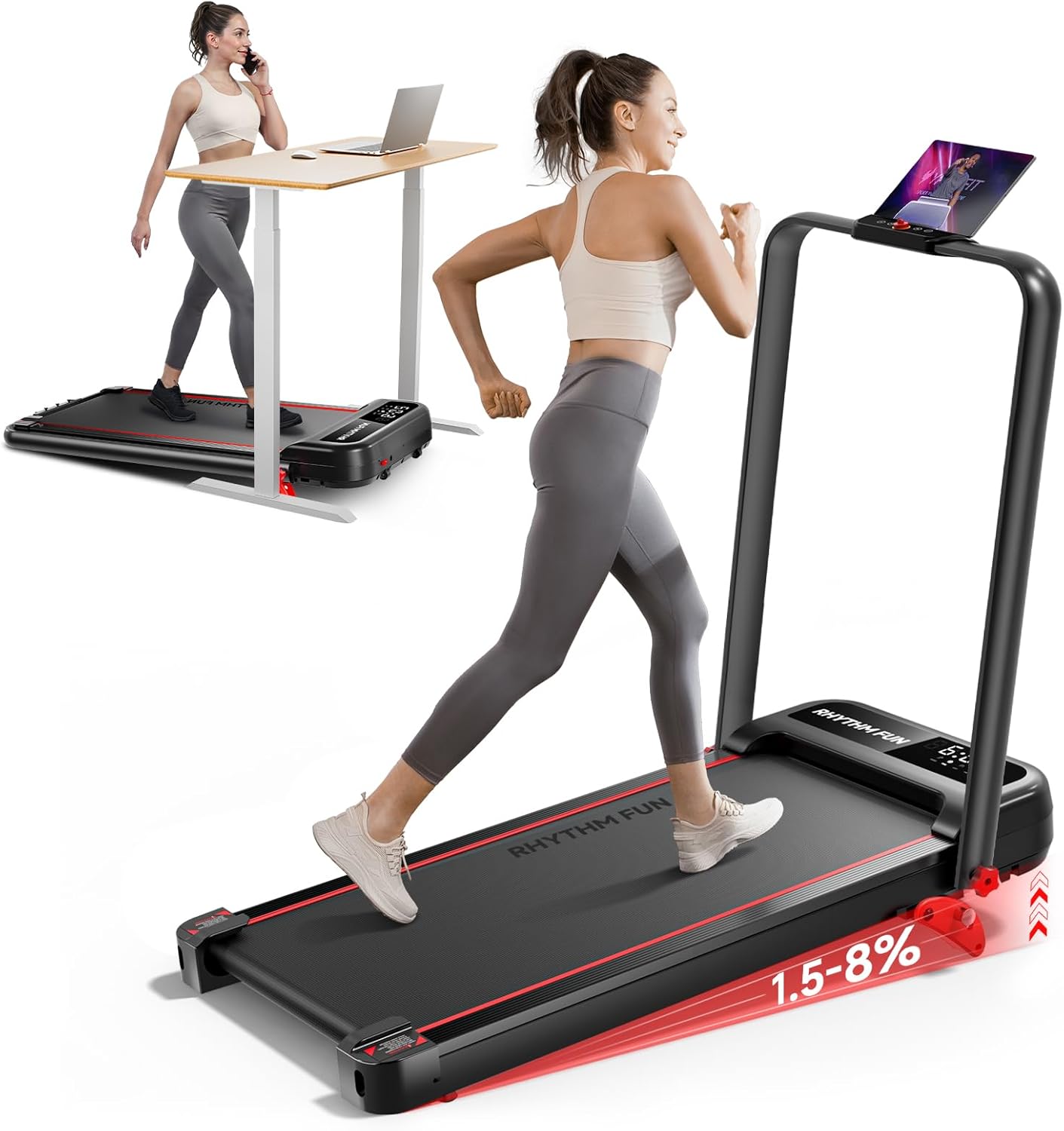RHYTHM FUN Walking Pad Treadmill with Incline, 8% Incline Walking Treadmill, 300 lbs Foldable Treadmills with Handles for Home Office Use, Under Desk Compact Walking Pad