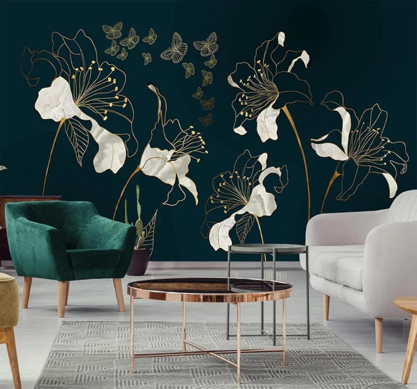 XLMING Luxury Gold Relief Flowers Butterflies 3D Wallpaper Silky Texture Home Study Office Grey Dining Room Sofa Bedroom Living Room TV Backdrop-350cm×256cm