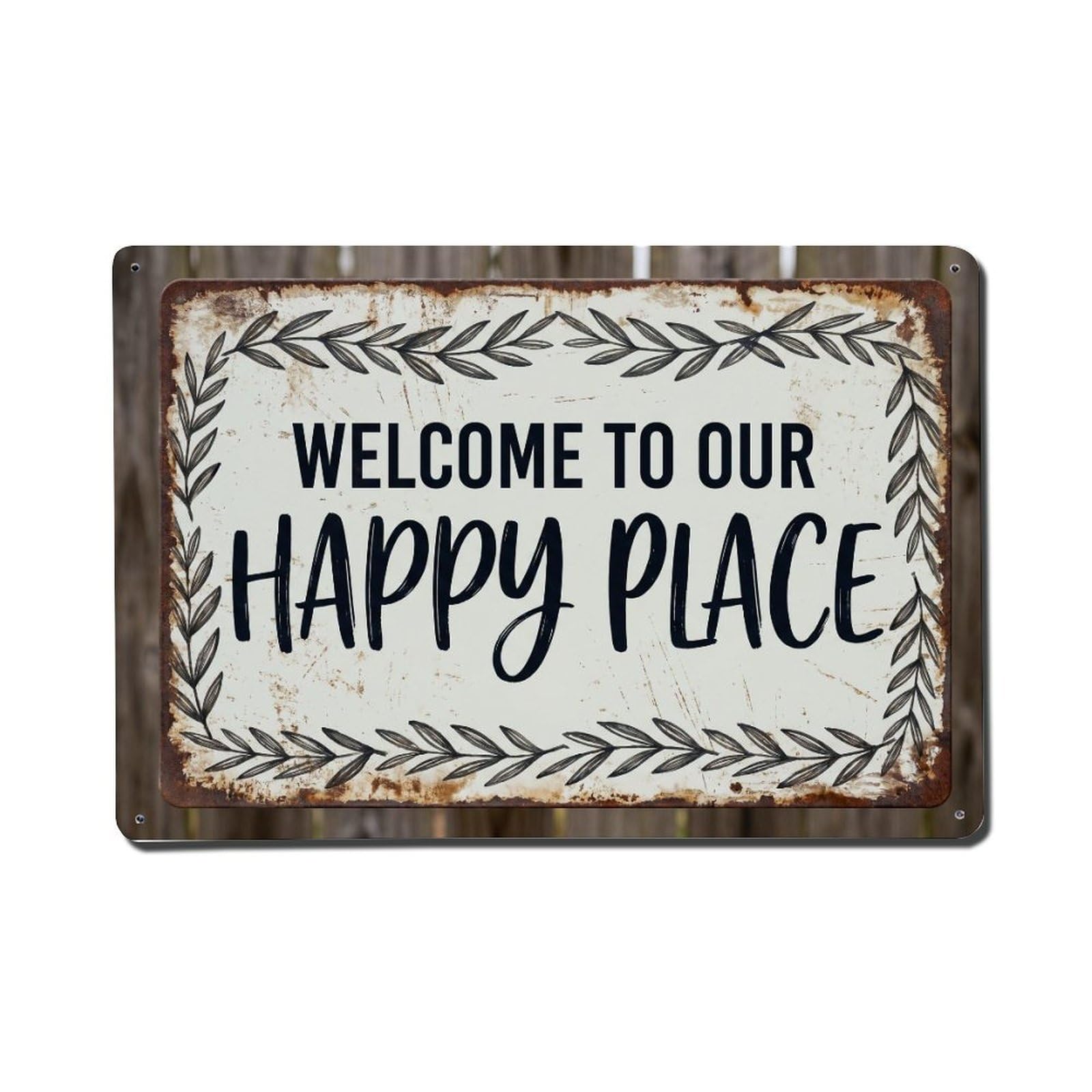 Welcome To Our Happy Place Garden Gate Metal Tin Sign Plaque Wall Decor for Cafe, Club Bar, Office, Home Garden Metal Poster 8x12Inch