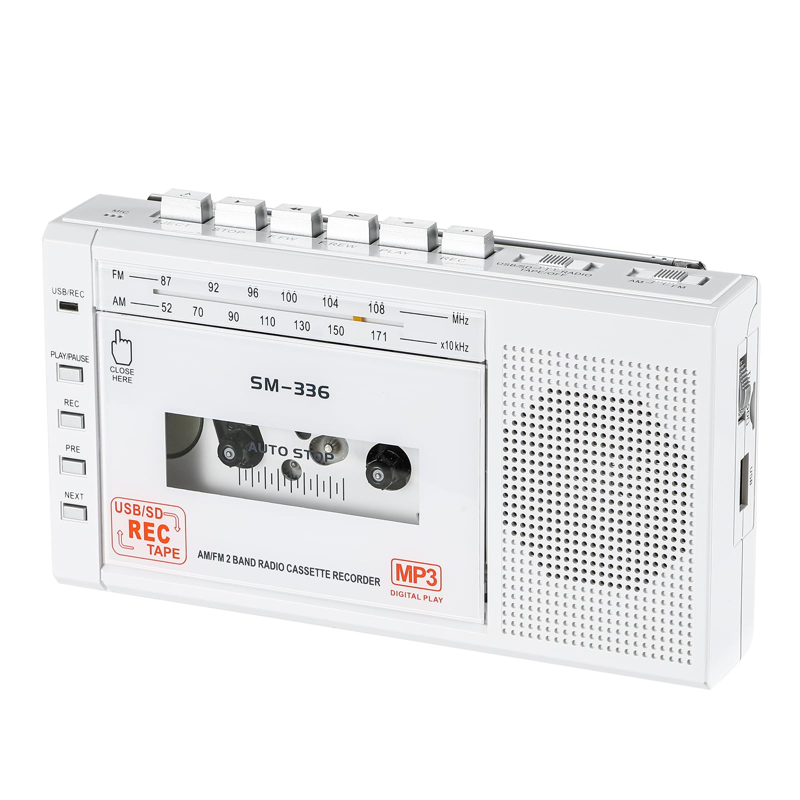 Portable Cassette Tape Player to Digital Converter via USB/SD Card, Record to Cassette/U Disk/SD Card via Mic, Power by AC or AA Battery, Portable