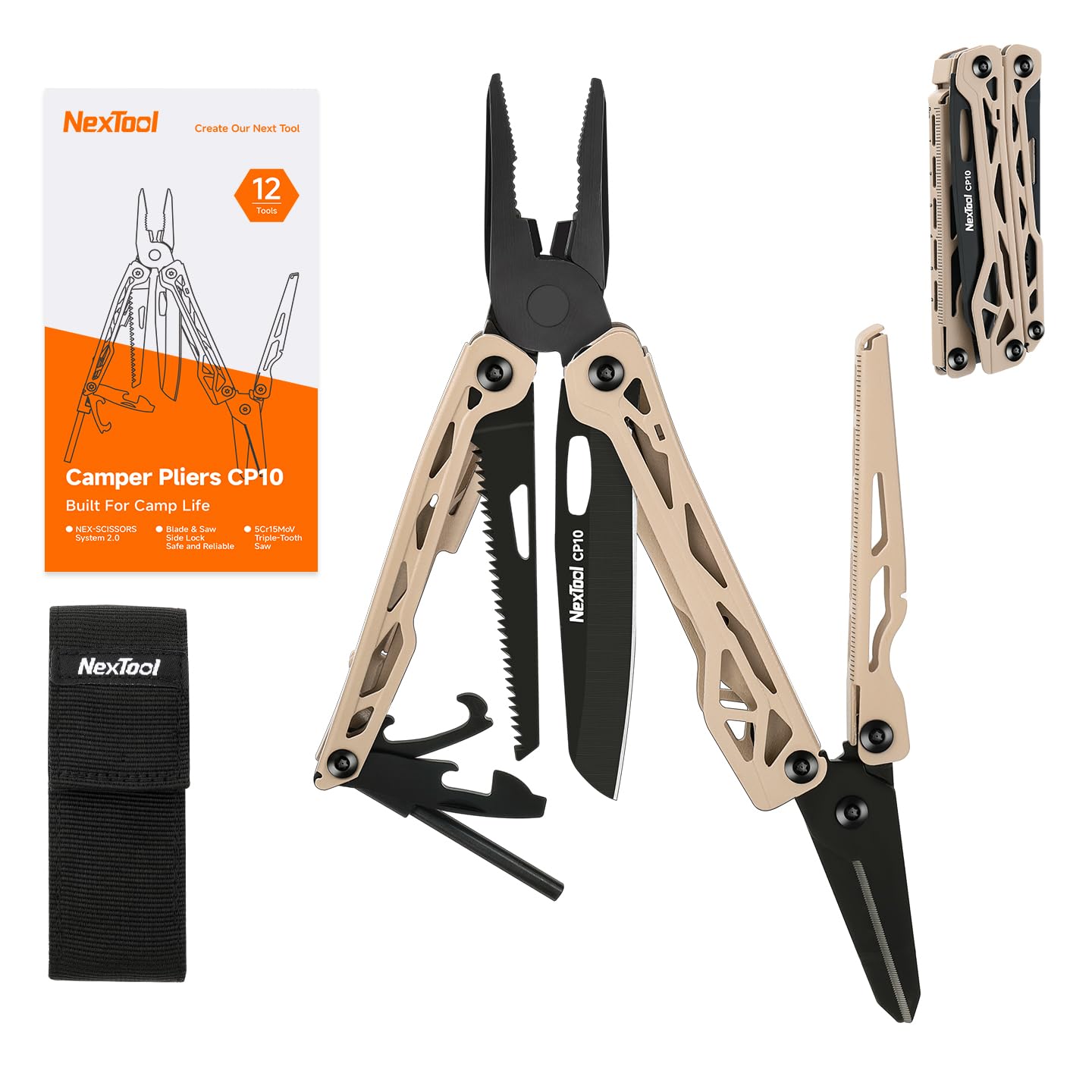 NexTool Camper CP10 Outil Multifonctions 12 en 1 avec Ciseaux, Allume-Feu, Extracteur de Piquets de Tente, Couteau à Cran d'Arrêt, Scie, EDC Équipement pour Activités en Plein Air, Cadeau pour Homme