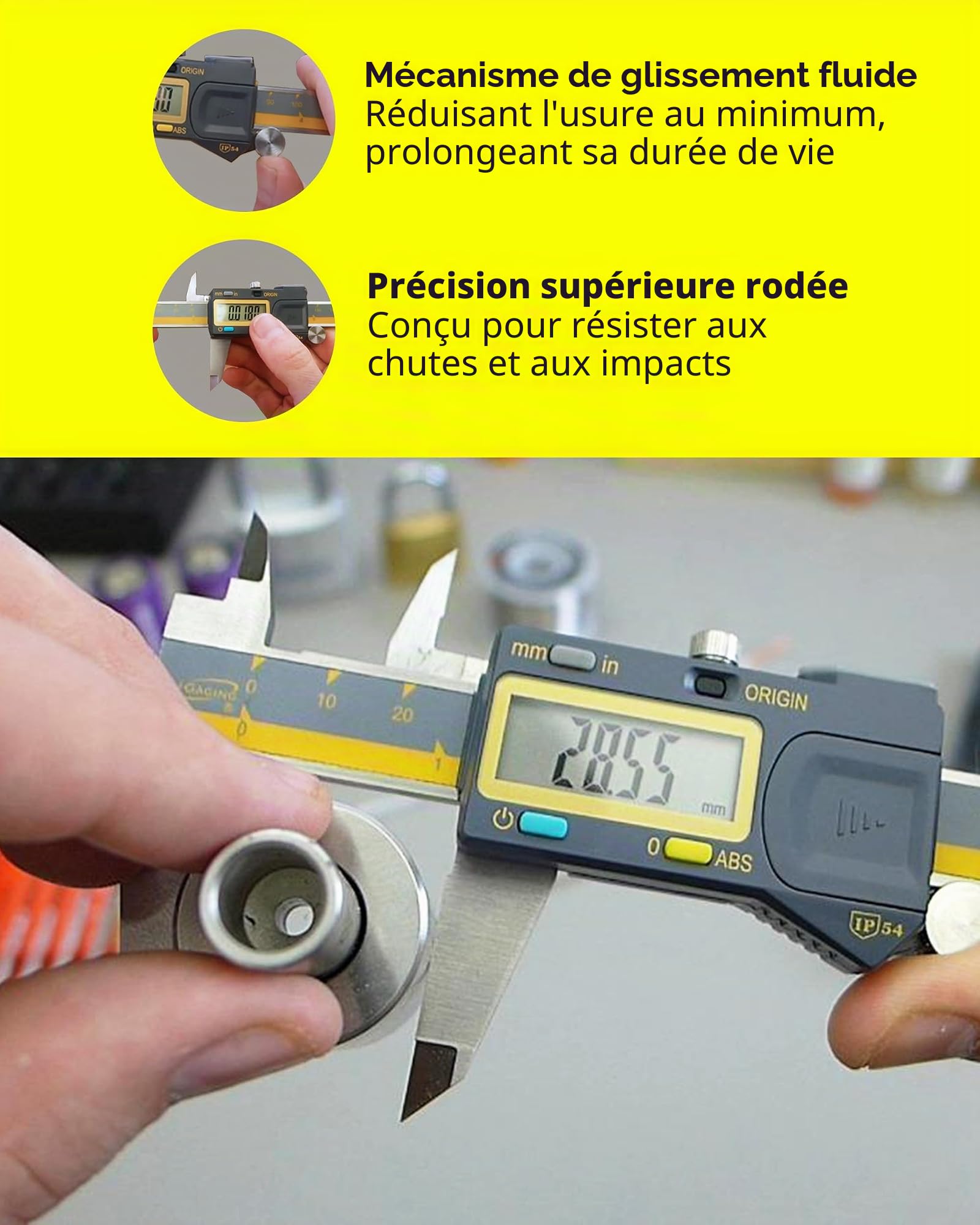 iGAGING Absolute Origin Pied à coulisse numérique 0-152 mm (0-6"), acier inoxydable IP54, port de sortie SPC/USB, modes pouce et métrique, étui, manuel