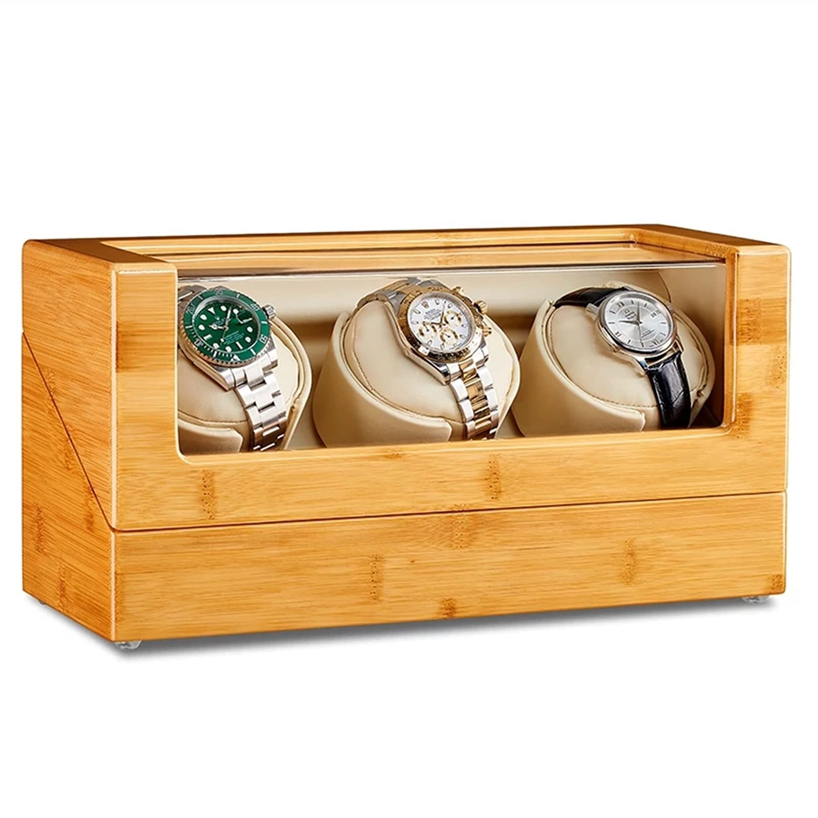 Watch Display Box Automatic Watch Winder for 3 Watches Bamboo Wood Watches Display Box with Quiet Japanese Motor Flexible Watch Pillows Fit La