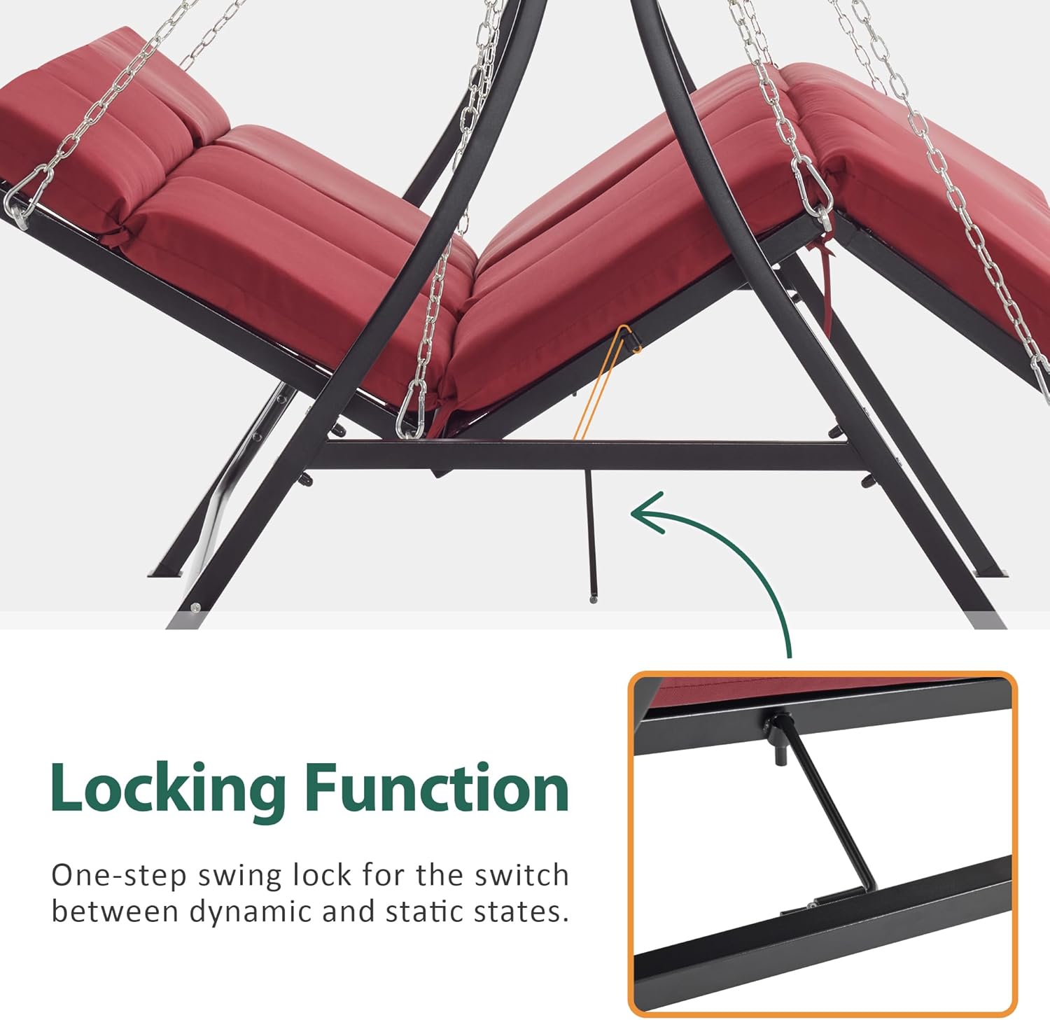 MCombo 3-Seat Convertible Porch Swing for Various Postures, Reclining Outdoor Swing Chair with Chain Armrest, Patio Glider Chair with Thickened Cushions for Backyard, Garden, 4354 (Burgundy)