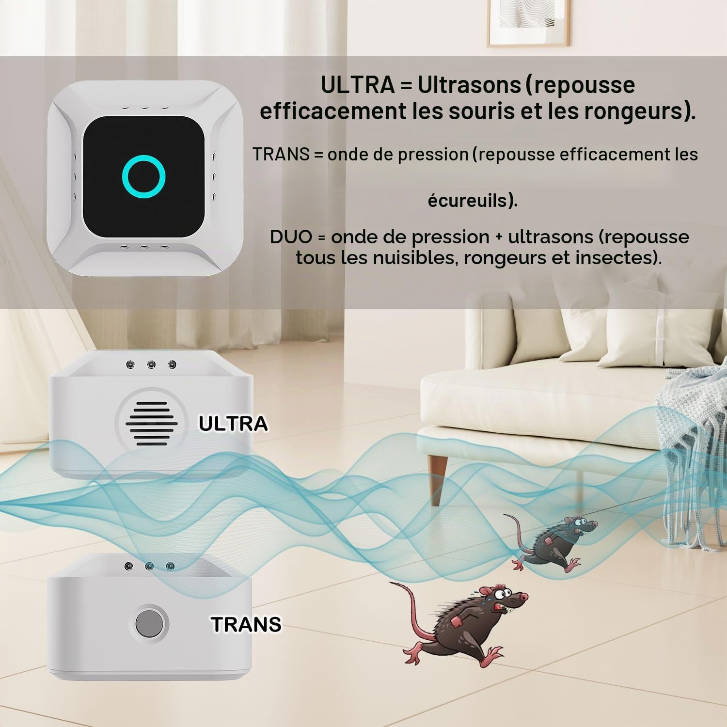 Ultrason Souris et Rats, Répulsif Souris 3 Modes, Anti Souris avec Lumière LED, Ultrason Rongeur pour Maison, Appartement, Cave, Restaurant, Grenier, Garage