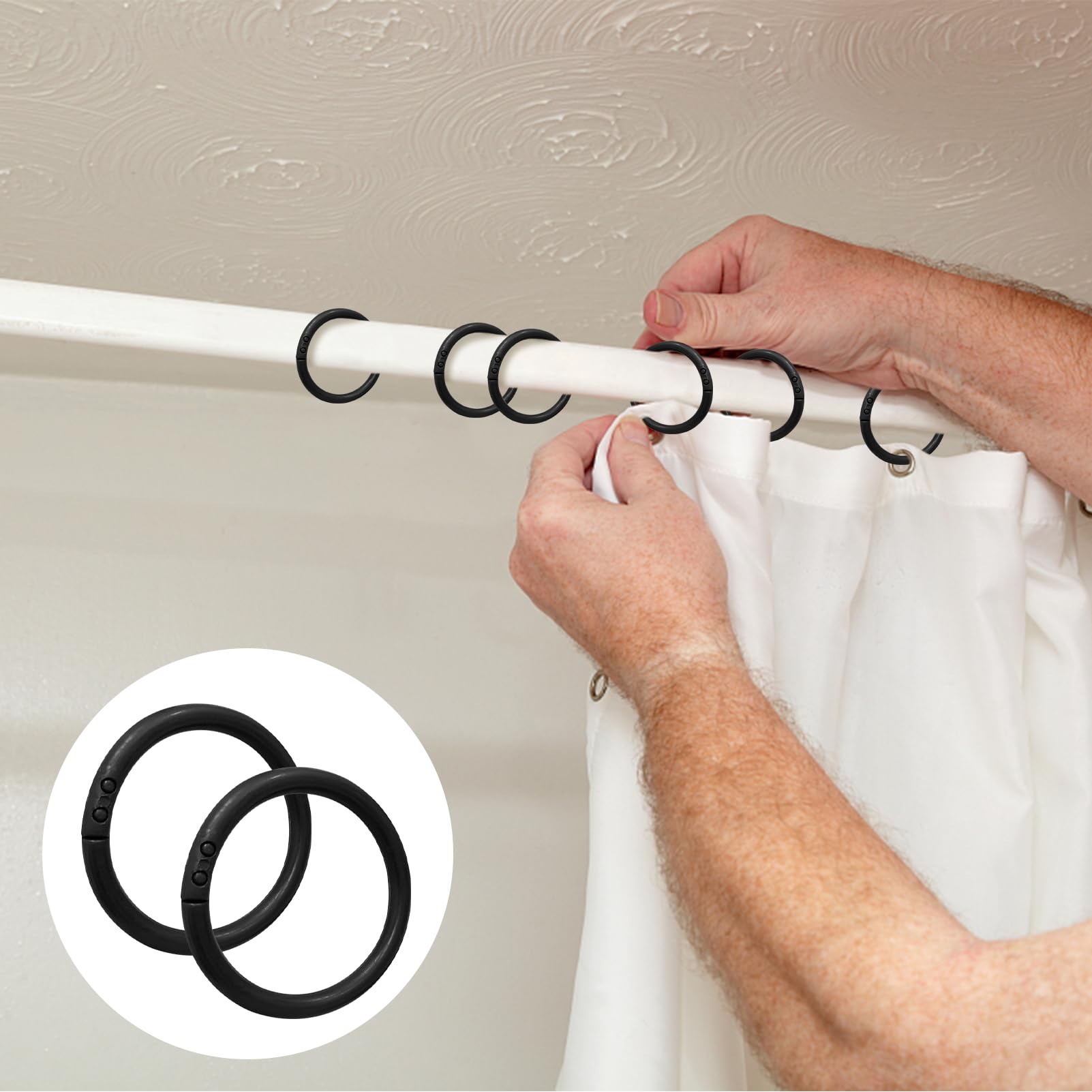 Anelli Per Tenda Doccia - 24 Pezzi, Plastica Nero, Forma A C, Per Aste 2-4cm