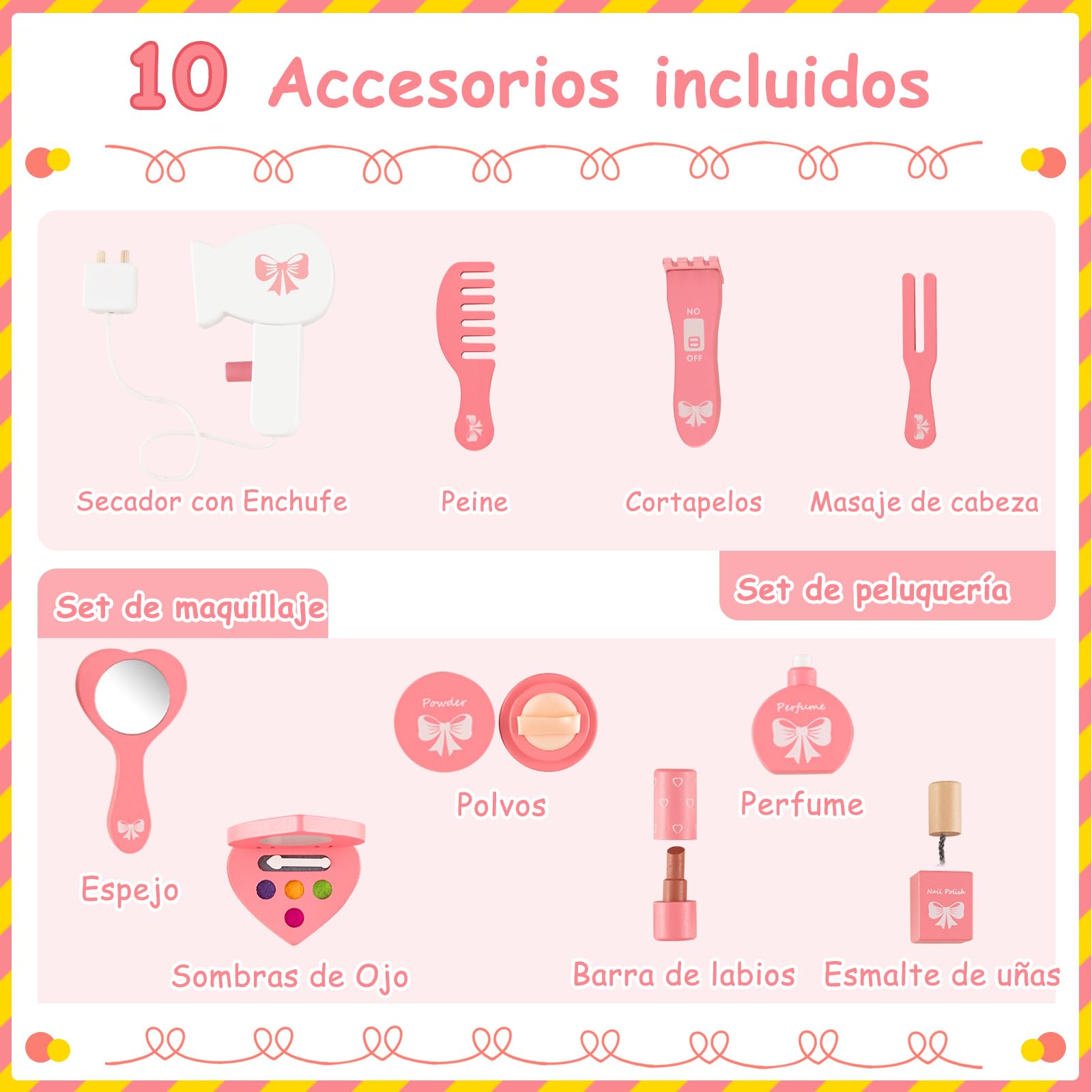 GOPLUS Tocador Niña 2 en 1 con 10 Accesorios Maquillajes, Juego de Tocador Infantil Princesa de Madera con Taburete y 3 Espejo Extraíble, para Niños de 3+ Años, 60 x 33 x 98,5 cm, Blanco