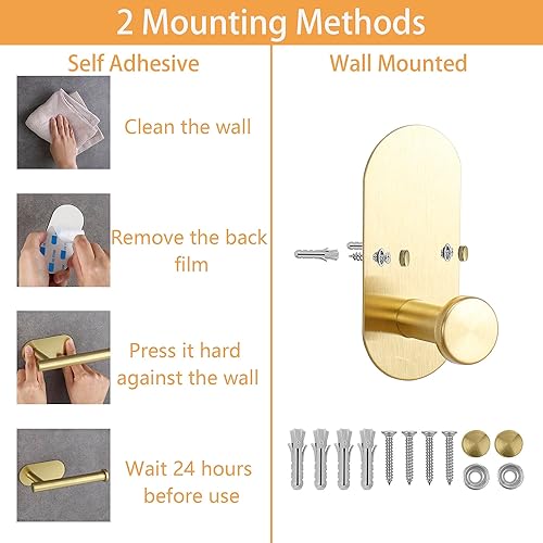 Miniatura 3 de TocTen Juego de 5 toallas para montar en la pared o autoadhesivas, juego de accesorios de baño de acero inoxidable que incluye toallero de 16