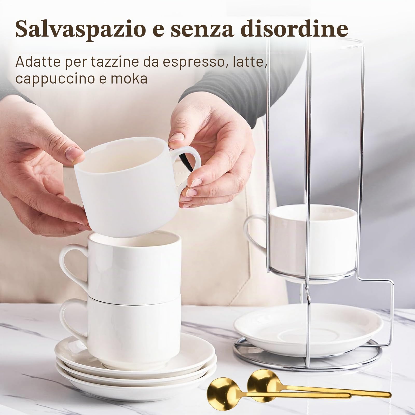 Set di 4 Tazzine Caffè, 4 x 5oz(160ml) Set Tazzine Caffè impilabili in Piattino e Supporto in Metallo, Ideale per Espresso, Cappuccino, Latte, Moka e Tè(con 4 Cucchiaio da Caffè)