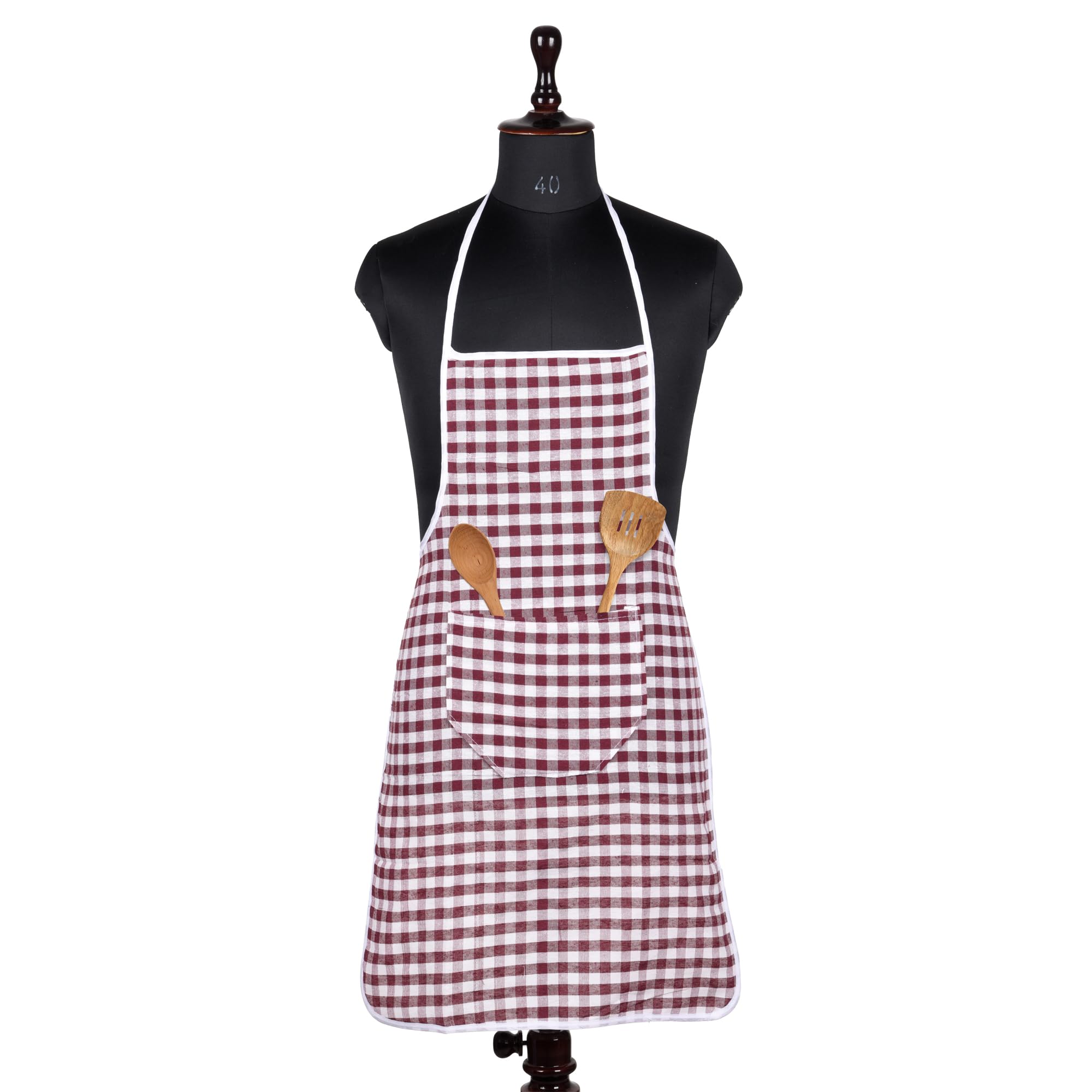 Kuber Industries Cotton Kitchen Apron With Front Pocket - Check Pattern for Restaurant, Housewife, Chef - Maroon