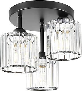Crystal Semi Flush Mount Ceiling Light, 3-Light Modern Close to Ceiling Light Fixtures, Black Kitchen Light Fixtures with Clear Crystal Shade, Hallway Light Fixtures for Hallway Bedroom Bathroom, E26