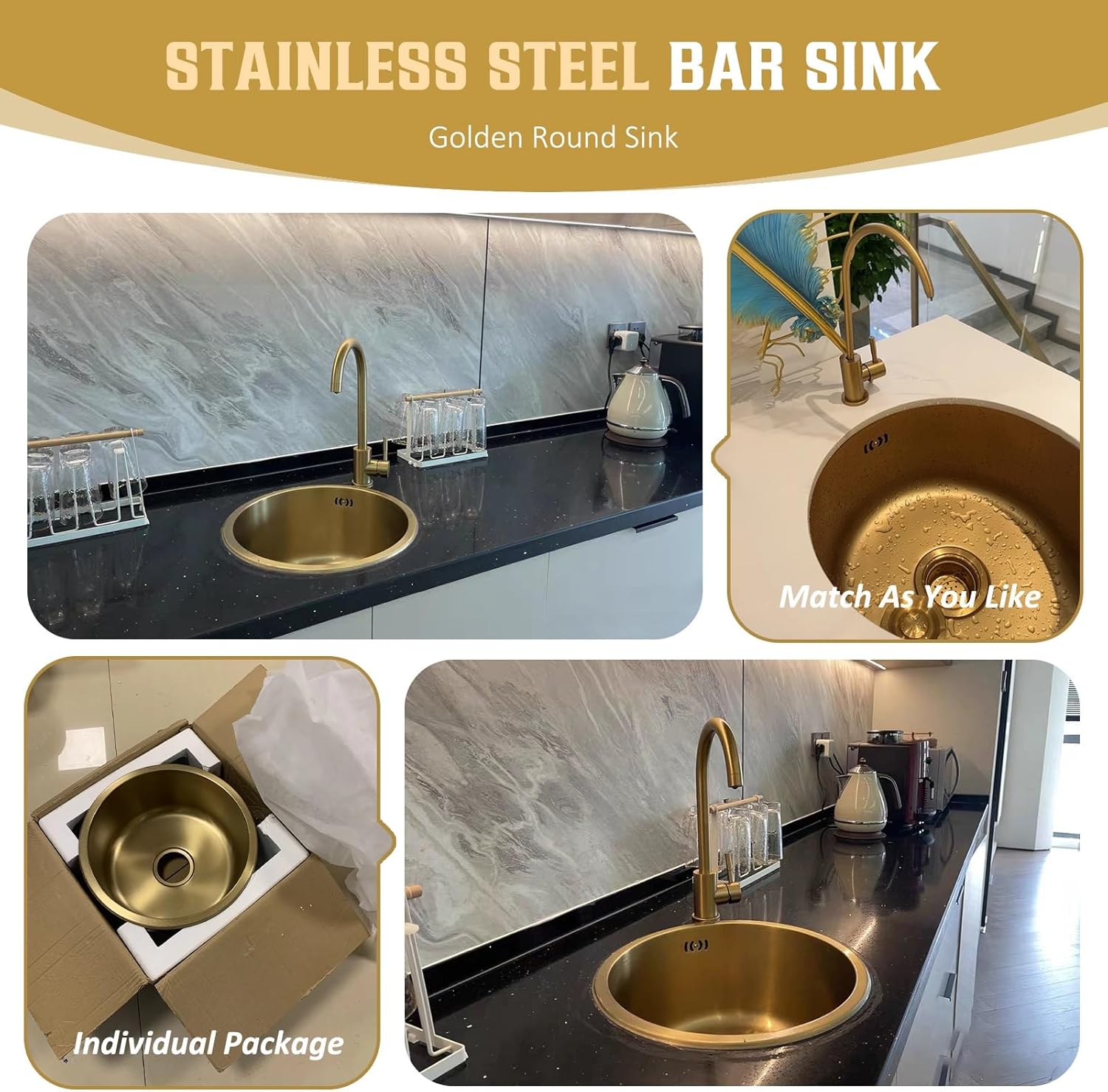 Modern Gold Stainless Steel Bar Sink | Stylish Small Space Prep Sink | Silent Soundproofed Gold Sink(40cm)
