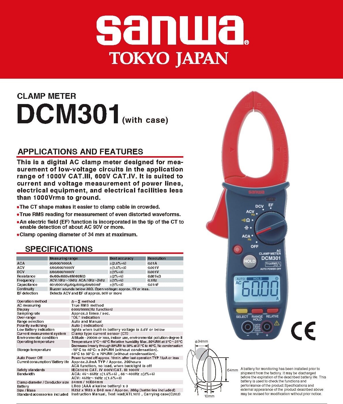 Japan Sanwa DCM301 AC Clamp Meters Low Cost & DMM Functions SANWA (DCM301)