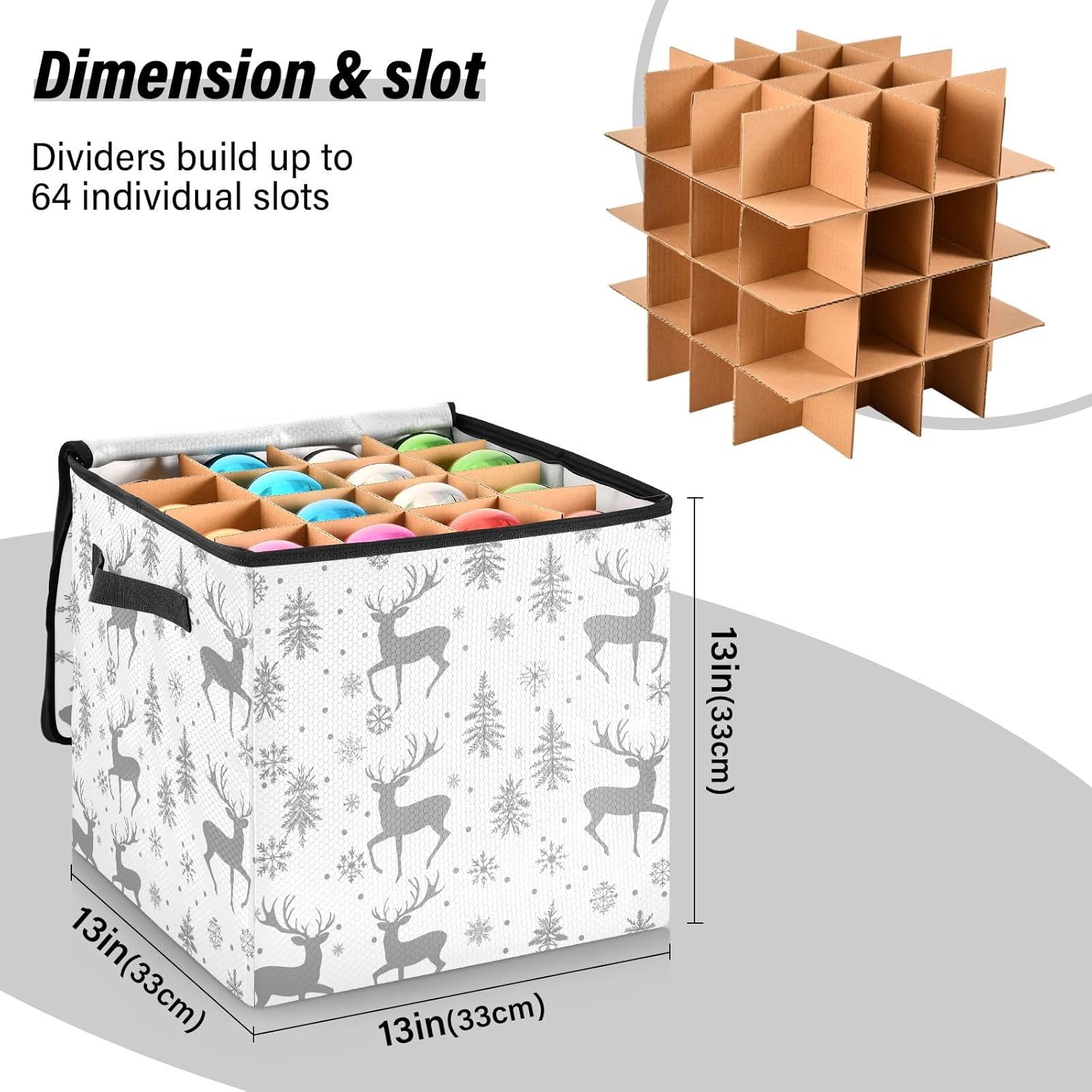 High Capacity Christmas ornament organizer storage Holds Up to 64, Adjustable Dividers Large Holiday Storage Case with Lid,Deer and Snowflakes Grey