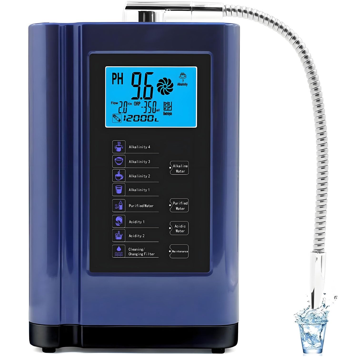 Macchina per acqua alcalina ricca di idrogeno,macchina intelligente per acqua ionizzata elettrolizzata PH 3,5-10,5,fino a-500mV ORP,8000L per filtro,7 impostazioni dell'acqua,pulizia automatica Blue