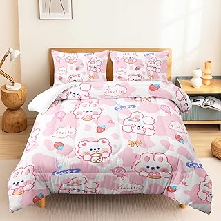 CVHOUSE Kawaii Rabbit Comforter Set Twin Size,Kawaii Cartoon Pink Rabbit Bedding Set for Kids,Cute Rabbit Quilt Set Strawberry Duvet Set Bedroom Kawaii Decor 3 Pieces, Efbttaf010