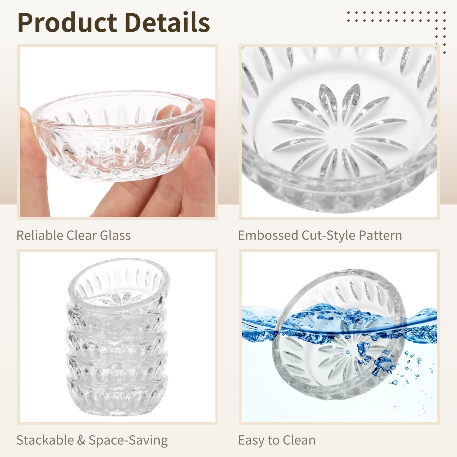 12 x Glas-Dip-Schüssel-Set, geprägte, runde Vorbereitungsschalen für Soßen und Gewürze, stapelbar, kleine Schalen für Küche, Party