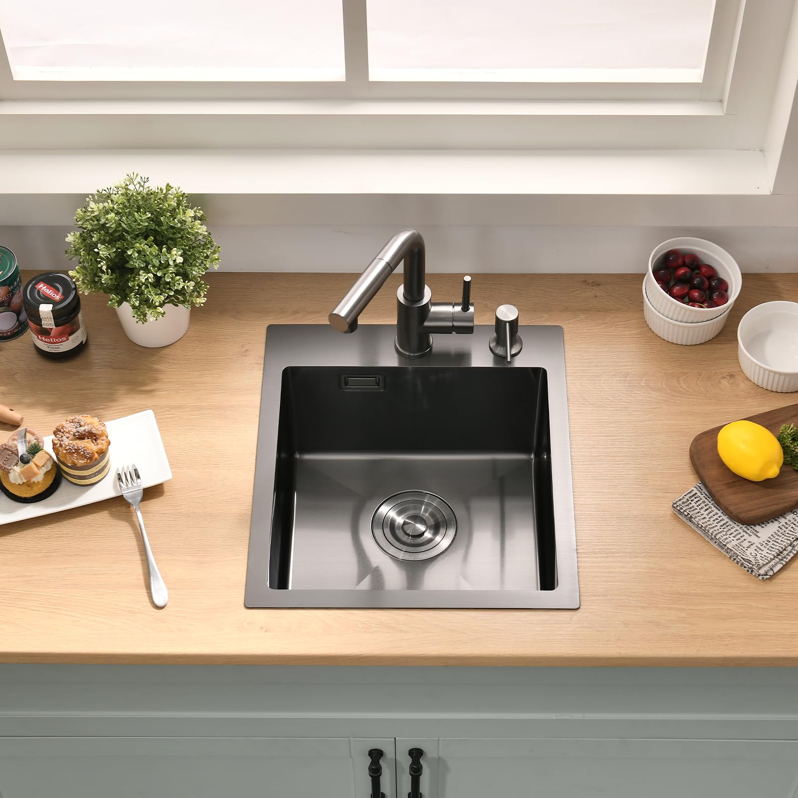 Fregadero de acero inoxidable 40 x 45 cm antracita + grifo de cocina extensible, juego completo de fregadero de cocina BoomHoze cuadrado empotrable pequeño para armario bajo de 40 cm