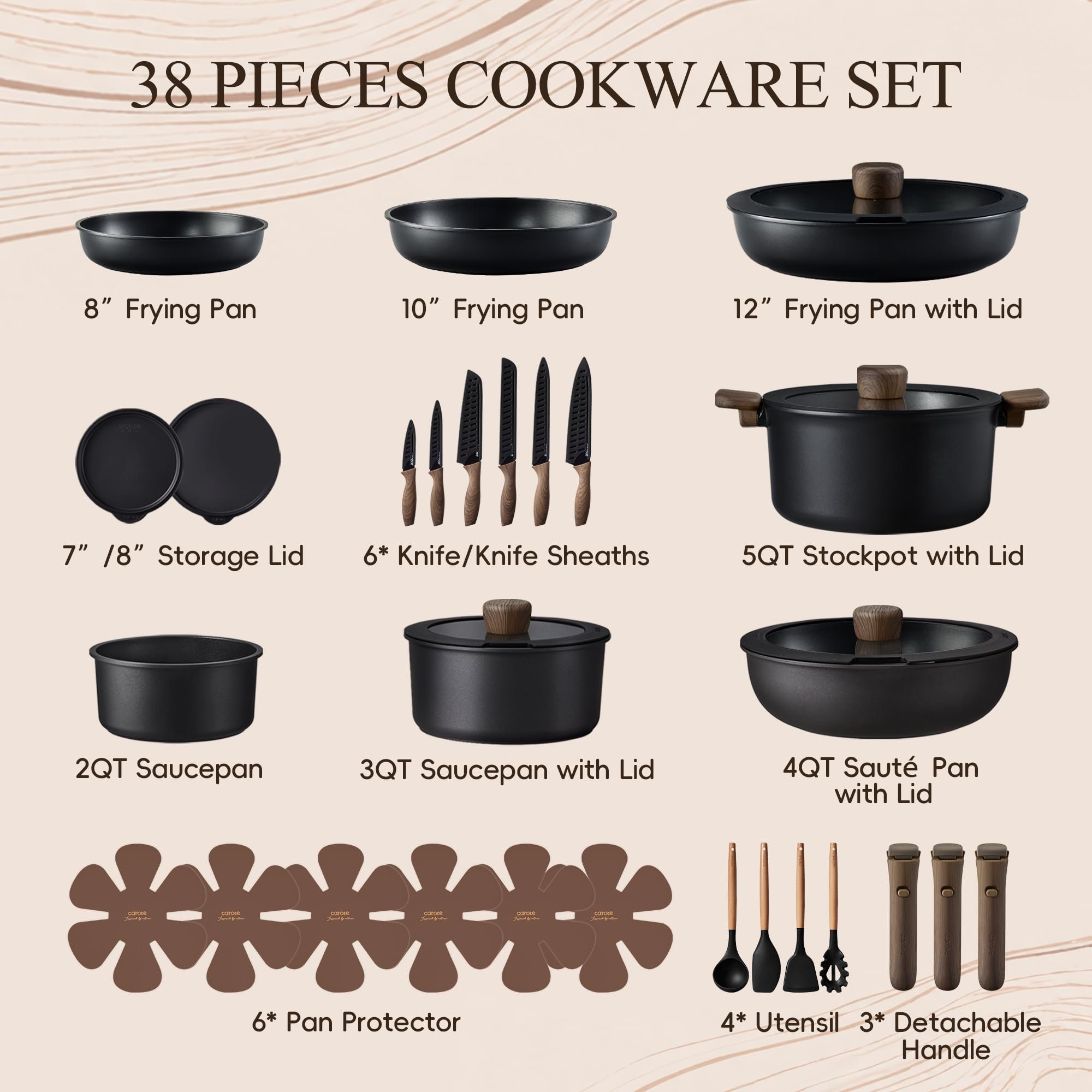 CAROTE 38pc Cookware Set - Nonstick, Knife Set -2