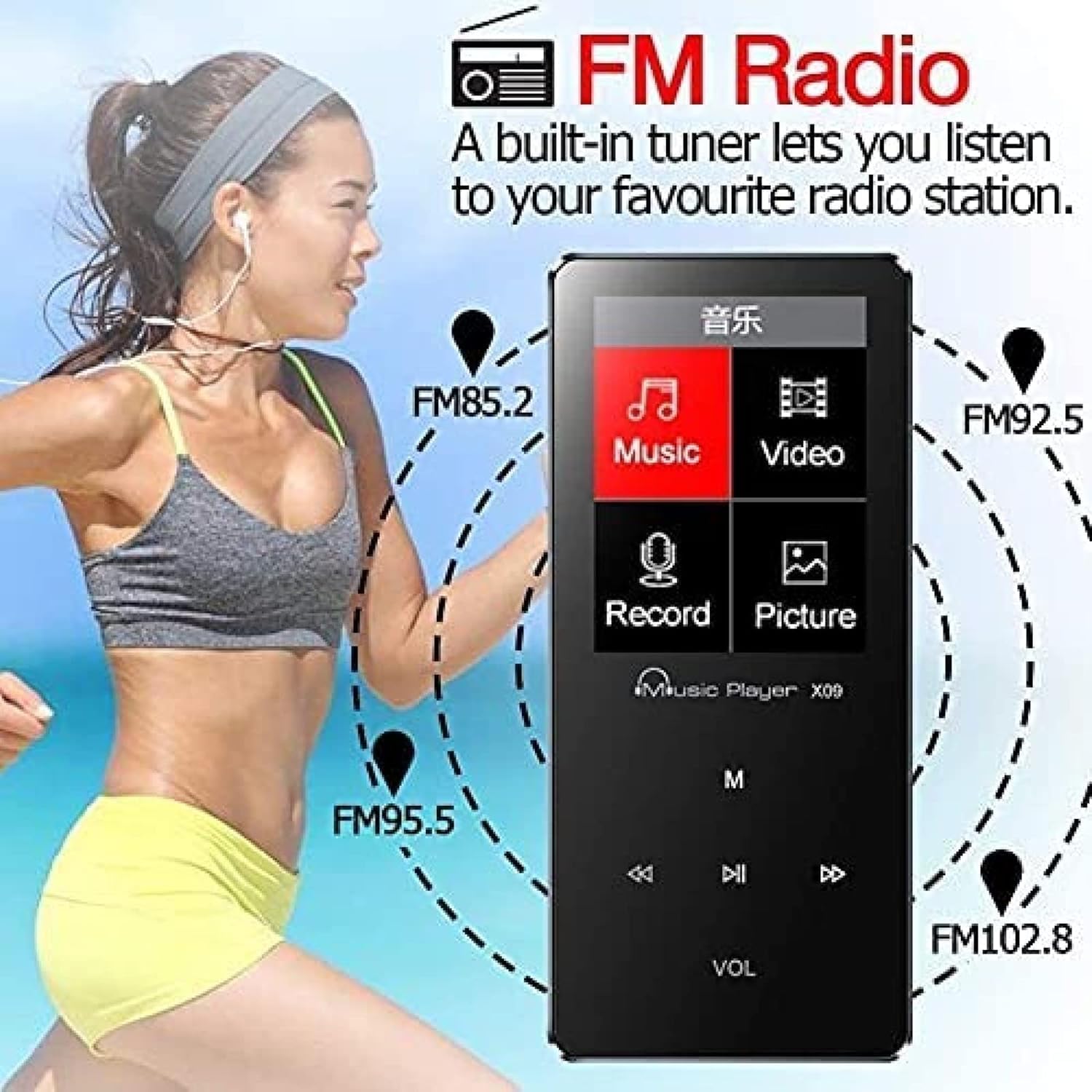 Lecteur Mp3 Bluetooth Lecteur De Musique Portable avec Emplacement De Mémoire Batterie sans Fil Et Longue Durée pour L’extérieur Et La Course Compatible avec La Carte SD Stockage Plus Grand