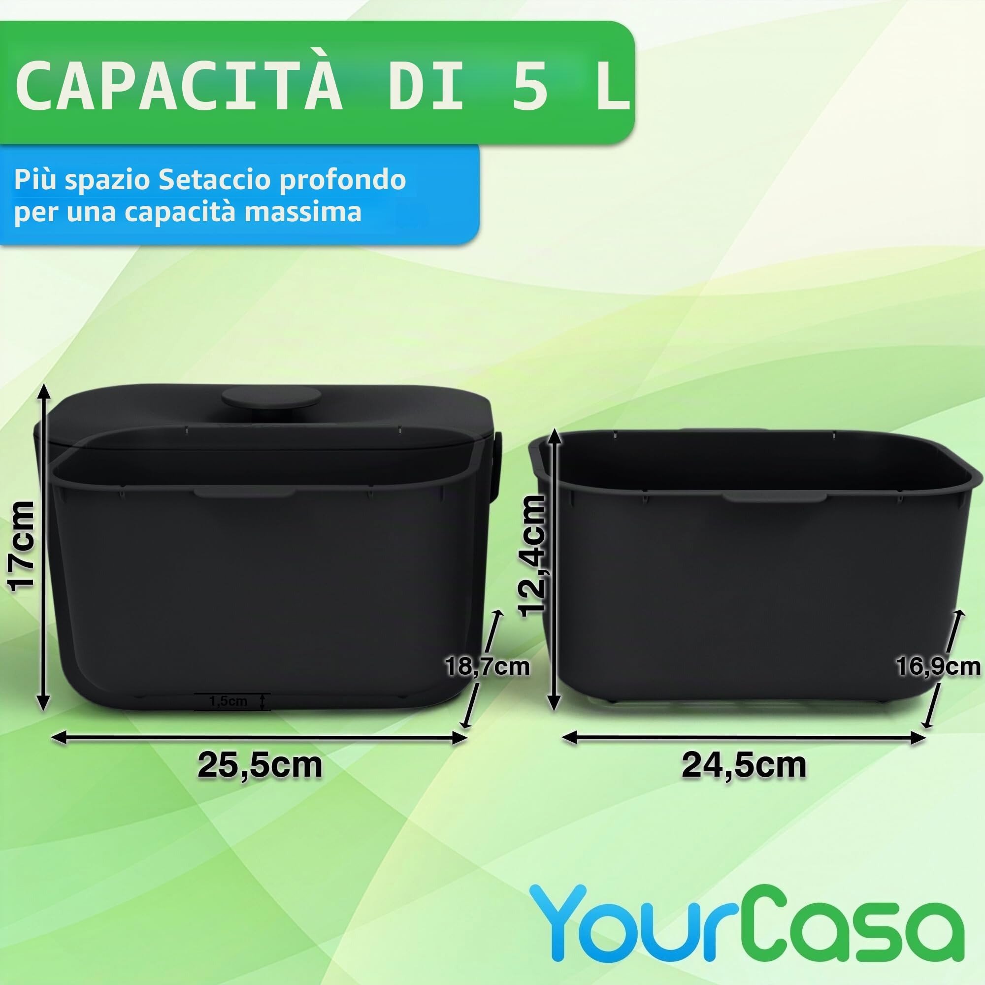 YourCasa Pattumiera biologica da cucina, 5 l, secchio per compost di tutti i giorni, lavabile in lavastoviglie, inodore con filtro e manico ergonomico, cestino per la spazzatura biologico, piccolo