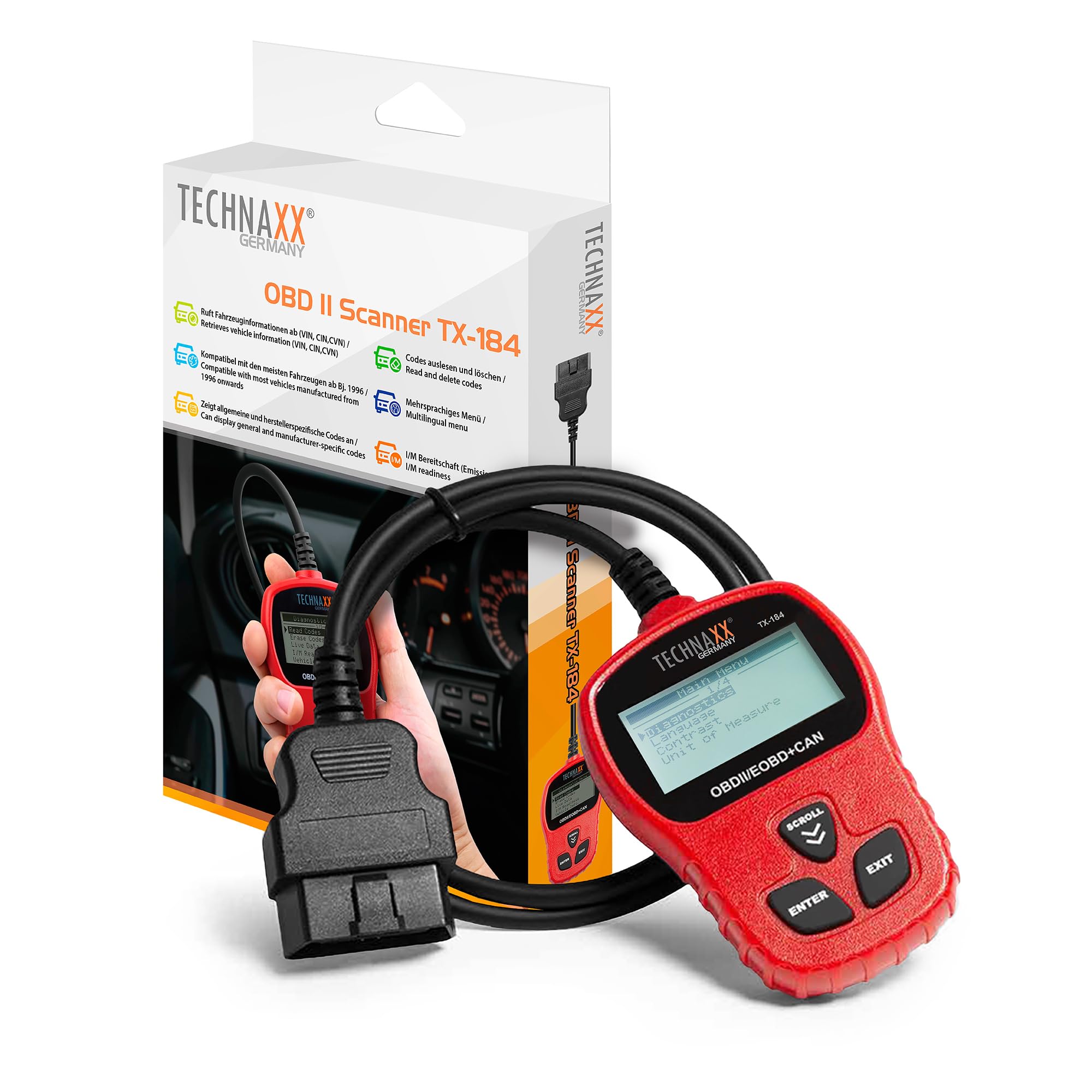Technaxx Lecteur de Code OBD II TX-184 - Outil de Diagnostic Automobile Multilingue avec Récupération VIN/CIN/CVN, Lecture & Effacement des Codes d'Erreur, Compatibilité Véhicules 1996+