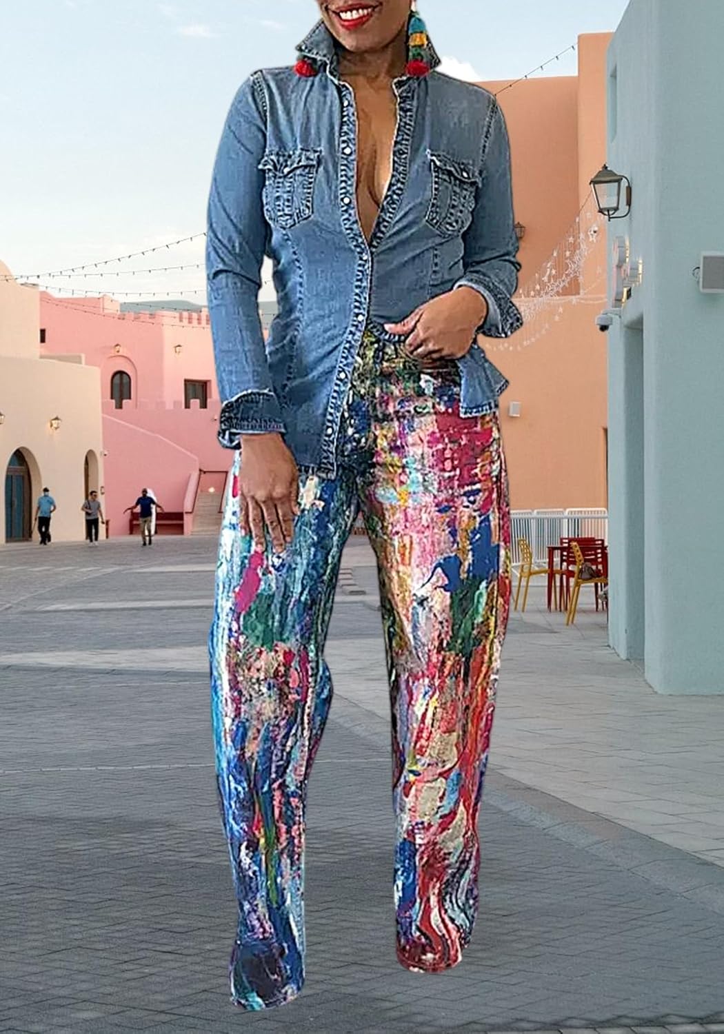 Women's Tie Dye Print Splash Jeans High Waisted Wide Leg Baggy Vintage Denim Pants with Pockets - Image 3