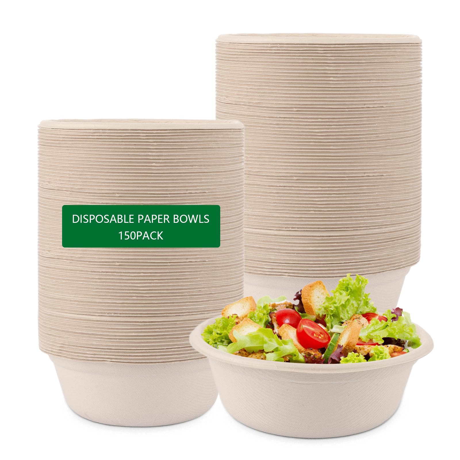 150 Cuencos Desechables de 500ml, Cuenco Compostable de Bagazo de Caña, Cuencos de Sopa Compostables para Fiesta, Microondas y Congelador, 15.5cm