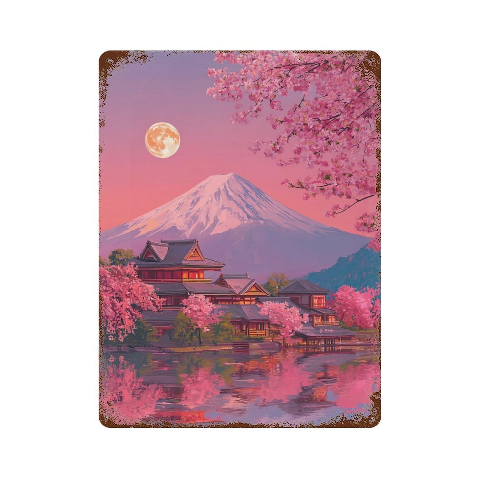 Rust Effect Cherry Blossom Serenity Scene Rustic Tin Plaque 15.7"x11.8", Classic Wall Plaque for Shed, Workshop And Garage Wall Decor