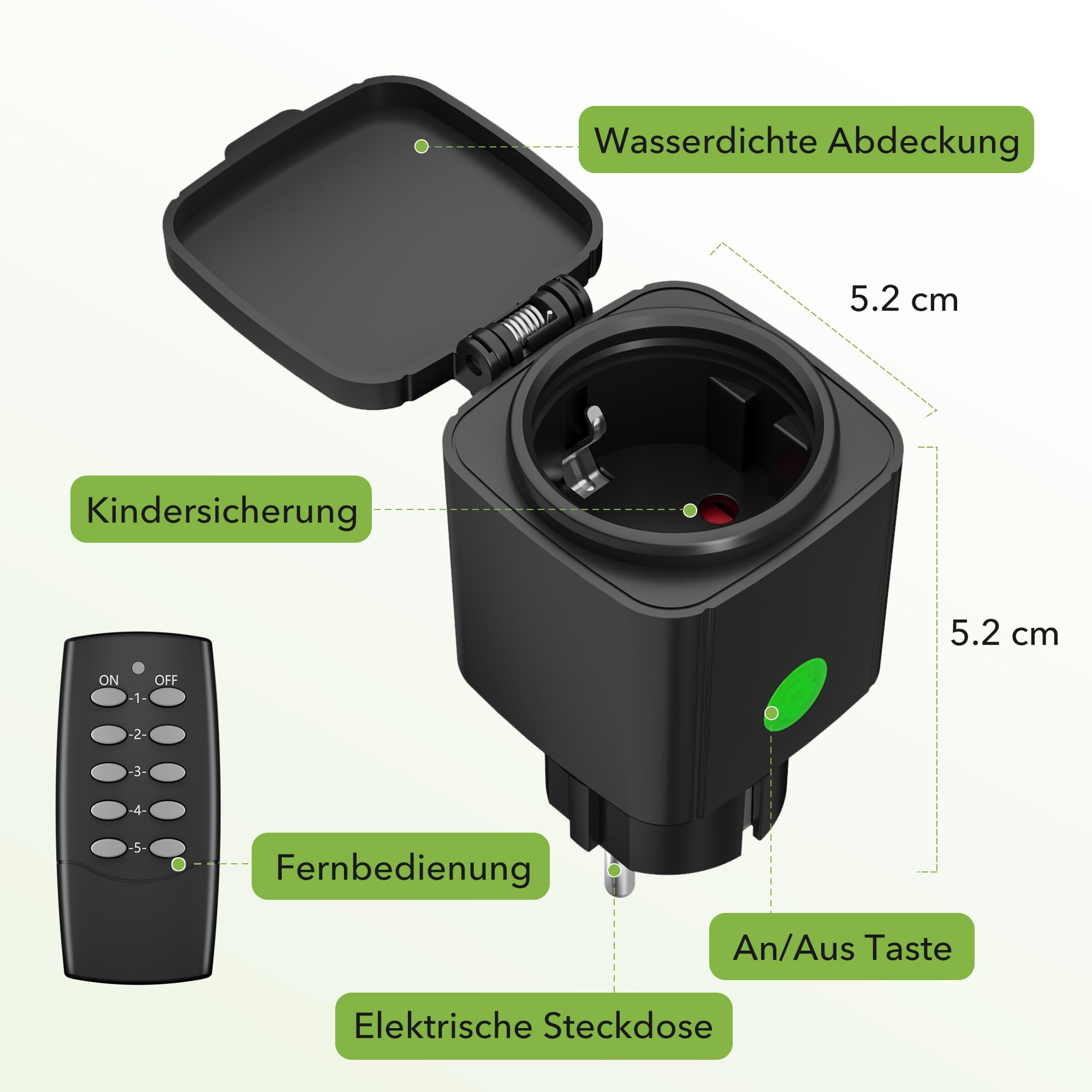 HBN Prises radio avec télécommande - Étanche IP44 - 5 prises + 2 télécommandes - 3600 W - Portée de 30 m - Pour jardin, terrasse, balcon et éclairage extérieur
