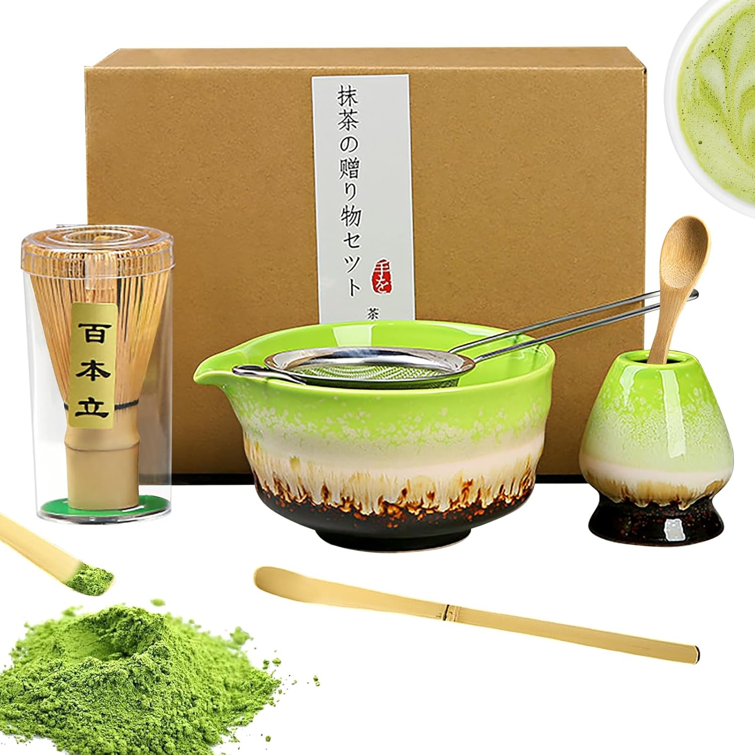 Japanese Matcha Set - Complete Ceremony Collection with Bamboo Whisk (Chasen), Scoop, Stainless Steel Sifter, Stoneware Bowl & Whisk Holder