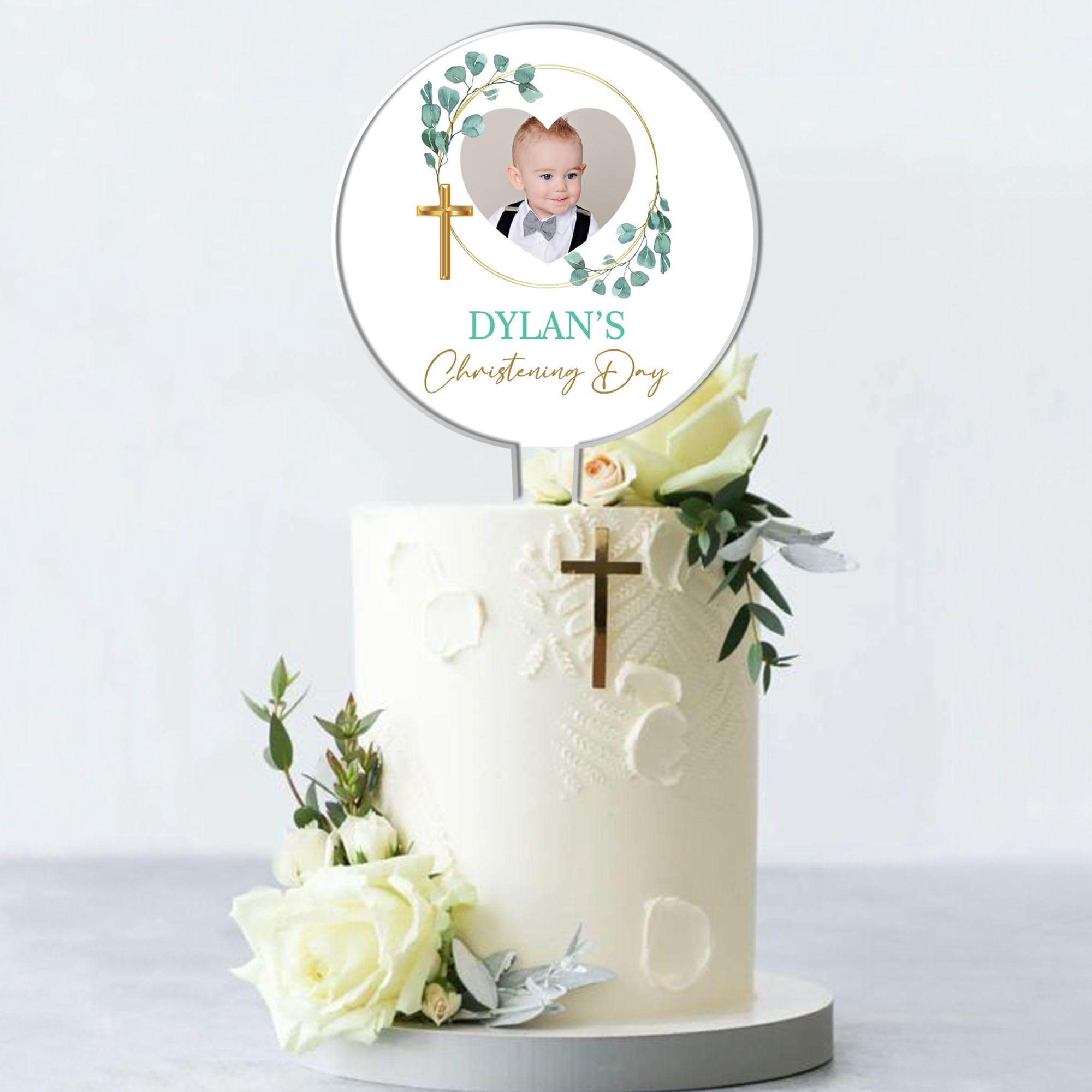 Personalised Photo Acrylic Cake Topper for Christenings, Holy Communions & Confirmations – Custom Child’s Name & Photo with Floral Wreath Designs (Christening Day, Green Leafy Wreath)