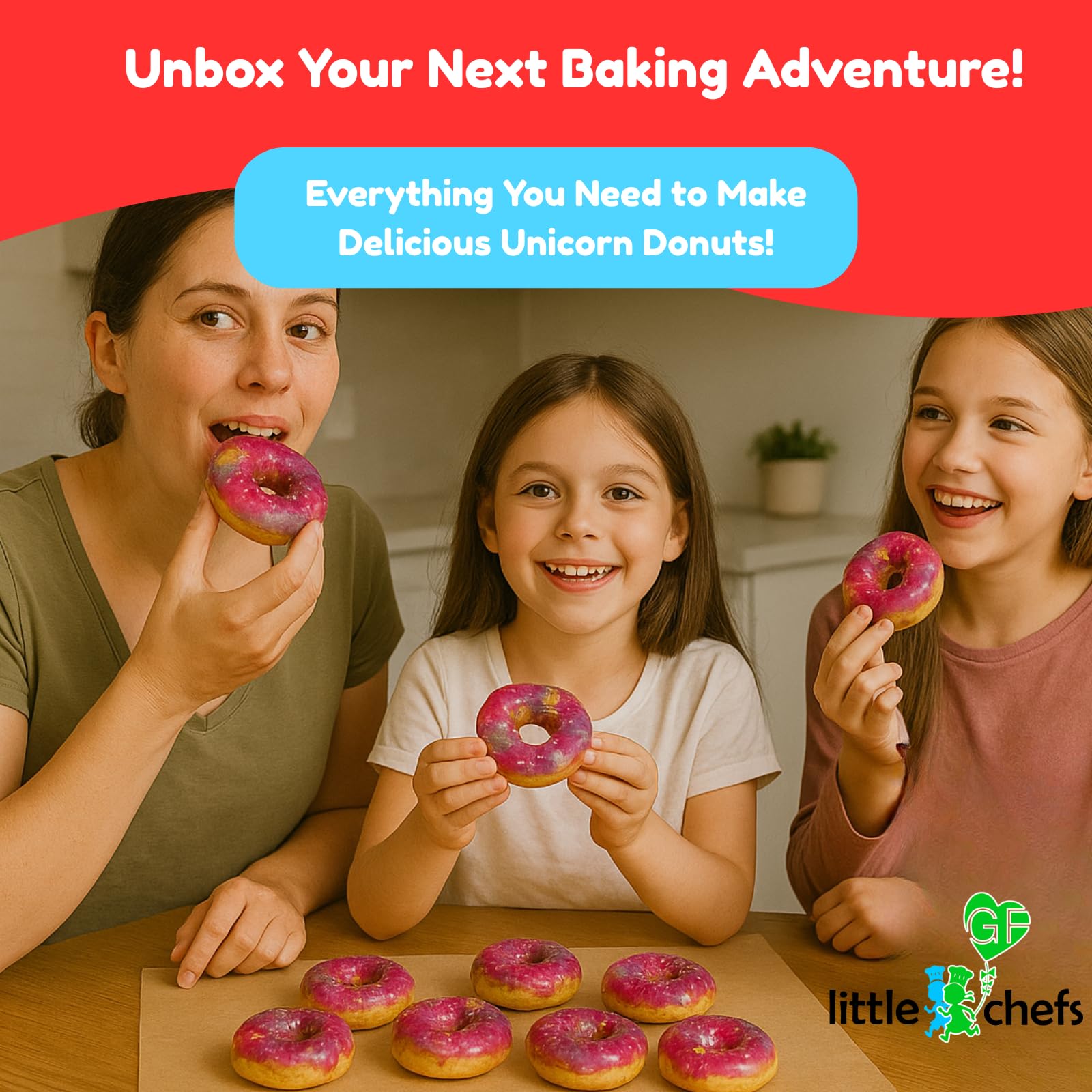 Little GF Chefs DIY Einhorn Donut Backset für Kinder | Glutenfreie Regenbogen-Wirbelglasur Backzubehör Geschenkset mit Zuckergussmischung, Zutaten, Schritt-für-Schritt-Anleitung (evtl. nicht in