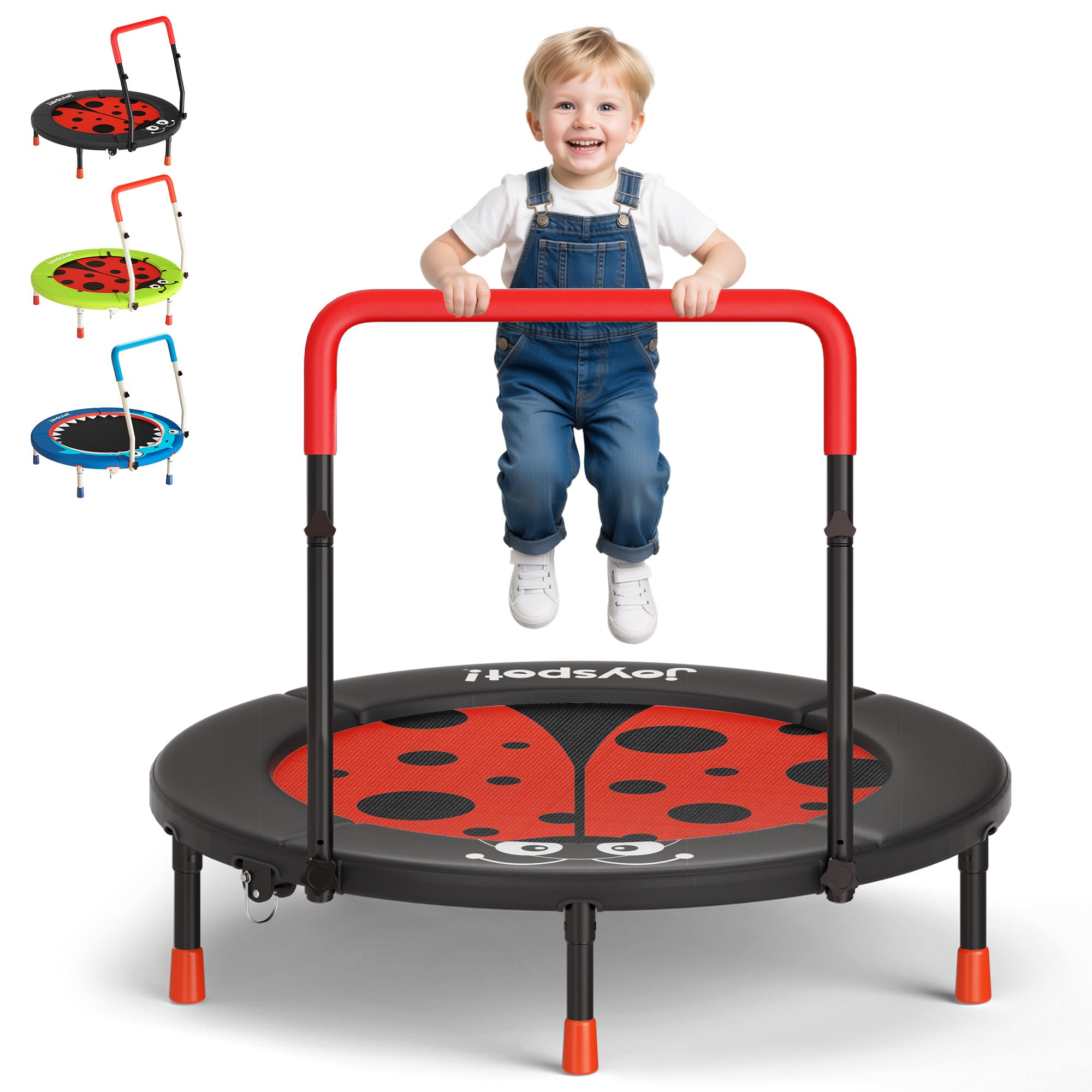 JOY SPOT! Trampolin Kinder Indoor Outdoor, Ø91cm Mini Trampolin mit Verstellbarer Haltegriff, Faltbares Kindertrampolin bis 45 kg, Fitness Rebounder mit Sicherheitspolster für Kleinkind 3-12