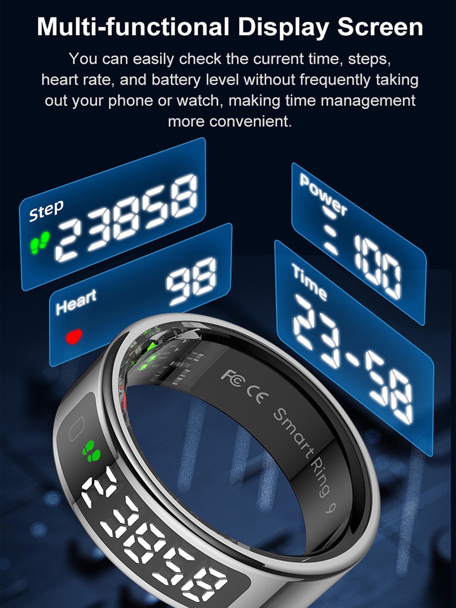 findtime Smart Ring Fitness Ring with Display LED Display Smartring Uomo Donna Android iOS Contapassi Anello Fitness Tracker Fitness Tracker Anello Monitoraggio Attività Tracker IP68 Scrolling Ring