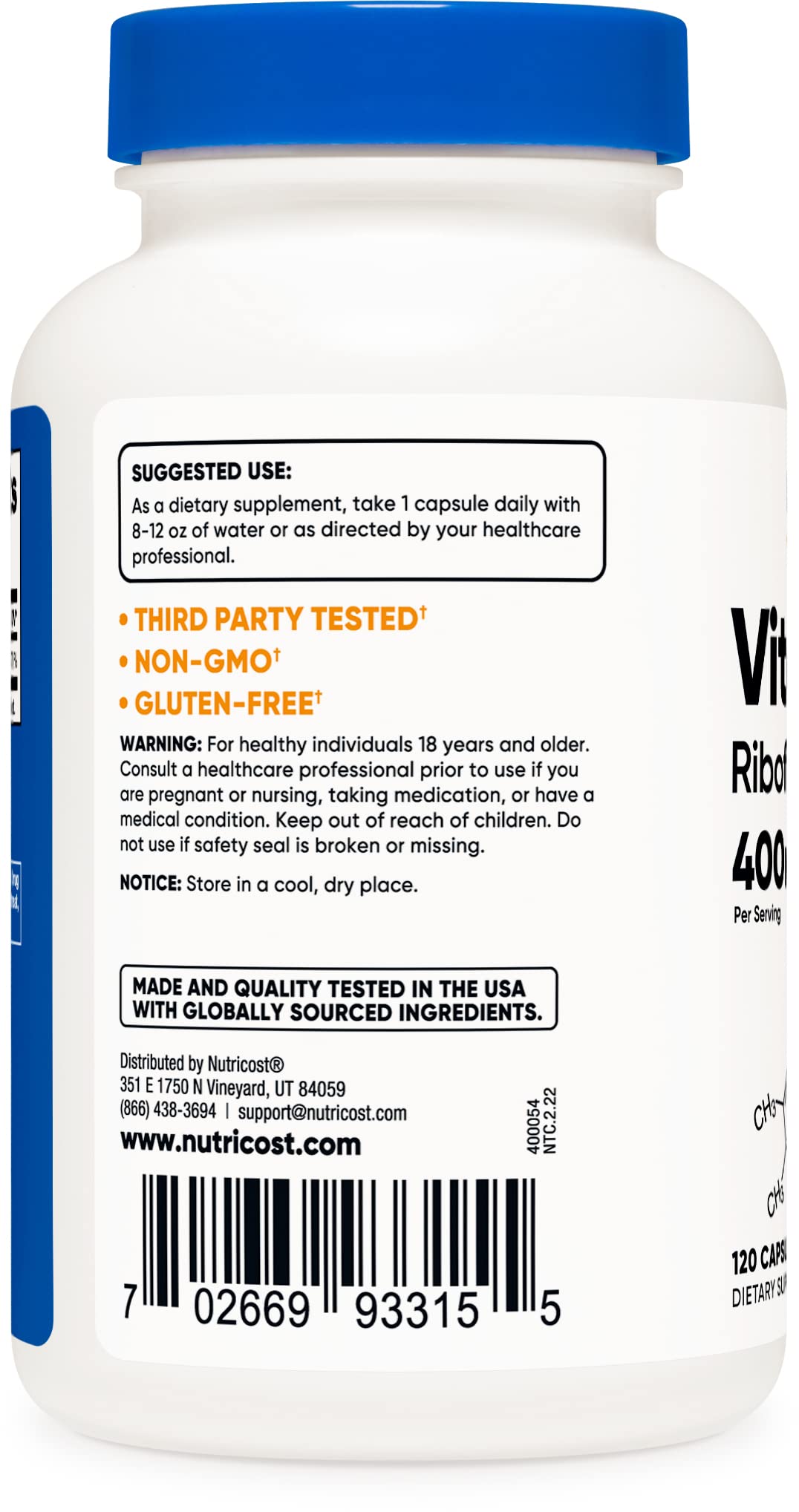 Buy Nutricost Gluten Free, NonGMO Vitamin B2 (Riboflavin) 400mg,120