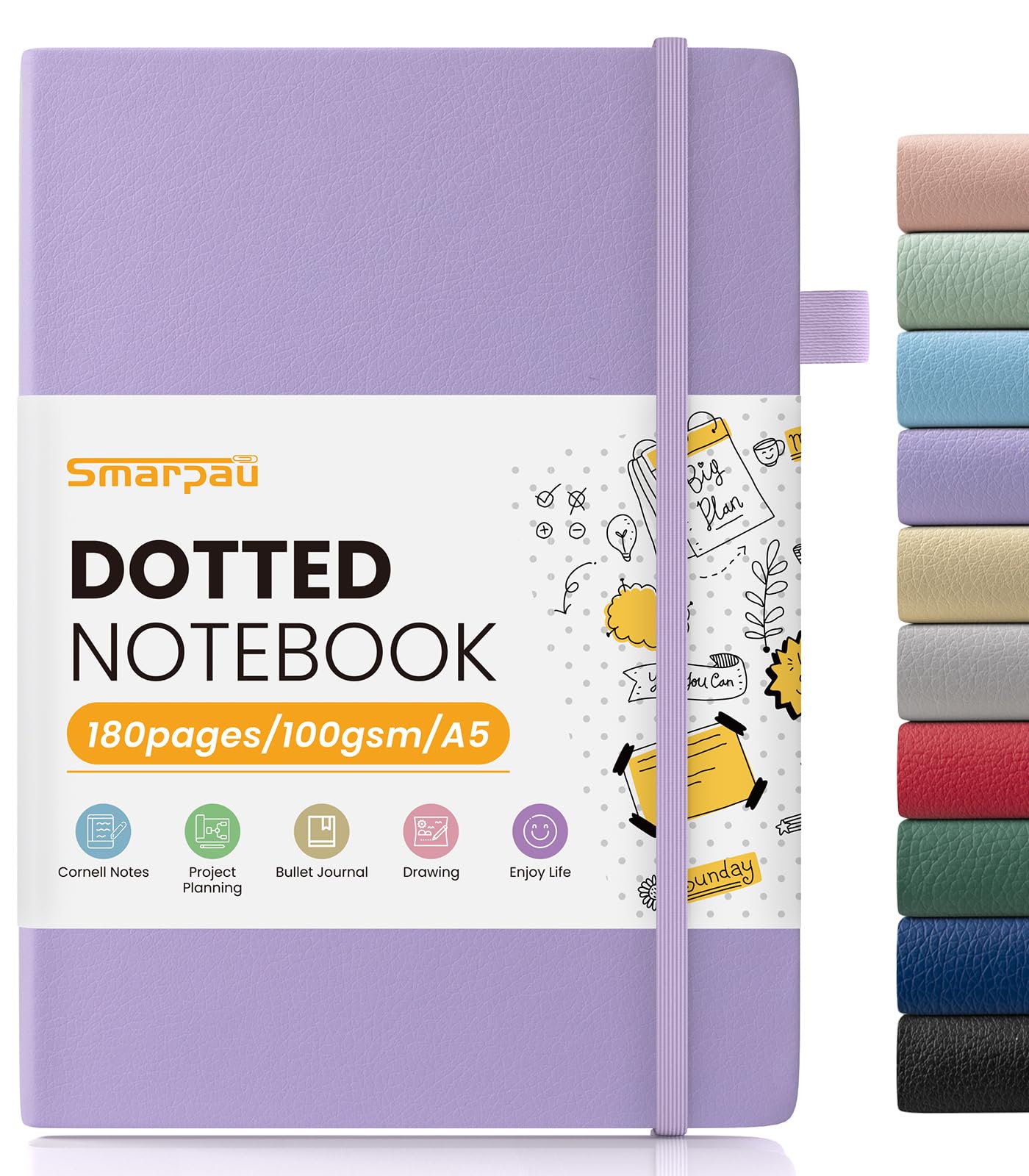 Smarpau A5 Dotted Journal Notebook, 180 Pages Hardback Dot Grid Notebook with 100gsm Thick Paper, Leather Notepad for Office School Travel Writing, Light Purple