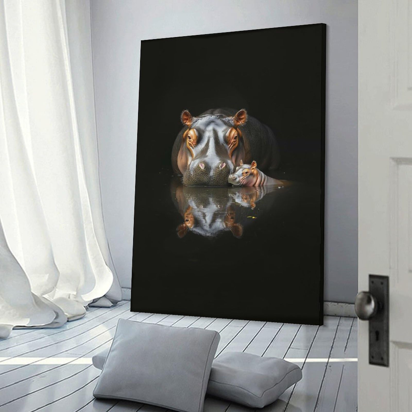 Junmoney Frame-Style-22 Canvas Art Print Hippopotamus Mother And Calf, 24X36inch(60X90cm), For Contemporary Homes, Apartments Or Offices, Decorative Canvas Decor For Home Updates