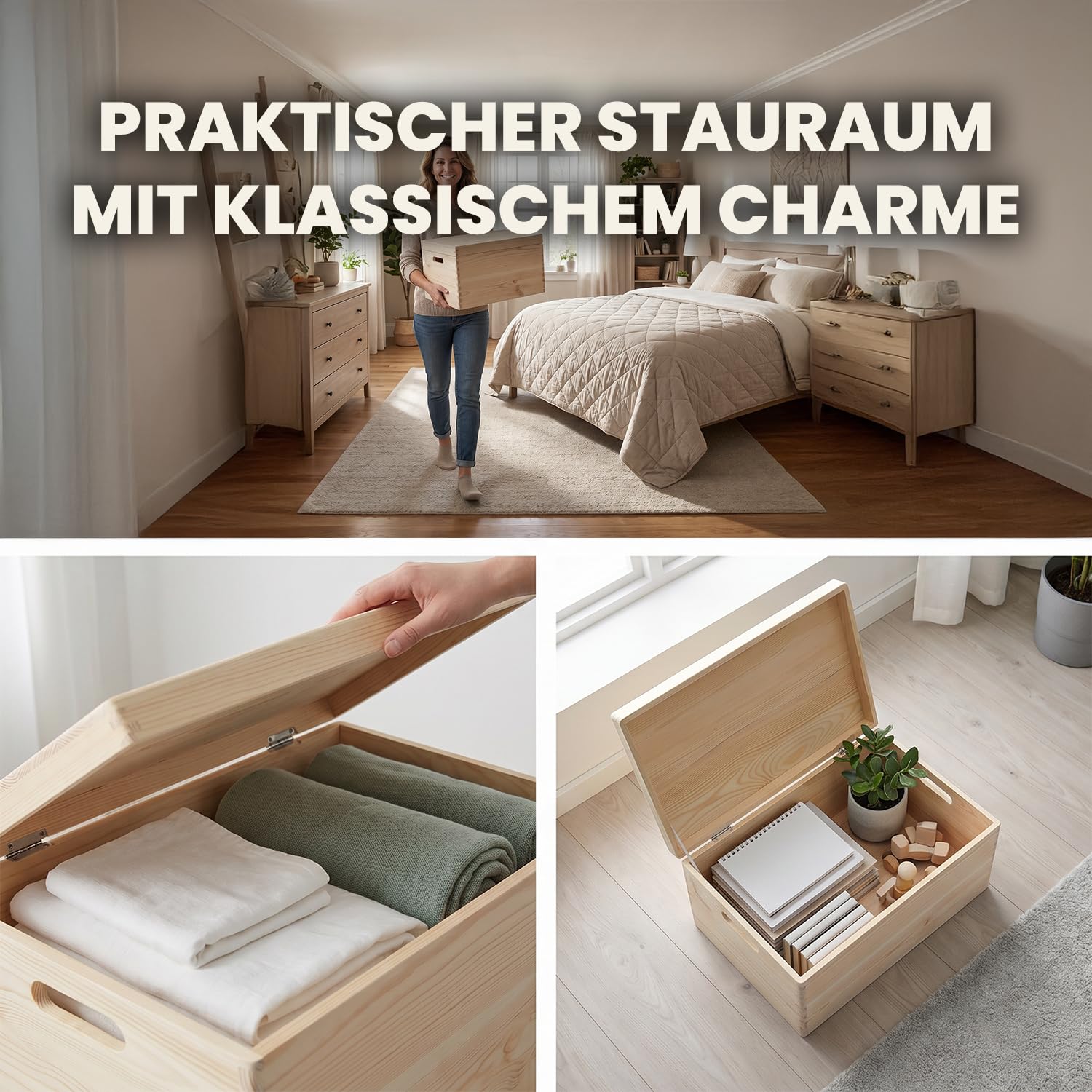 Holzkiste mit Deckel und Griffen 27L Fassungsvermögen 40 x 30 x 23 cm | 40 x 30 x 23 cm, Holzbox mit deckel und HDF Boden, 27 Liter Stauraum, Klappdeckel, Für Spielzeug Dokumente Kleidung