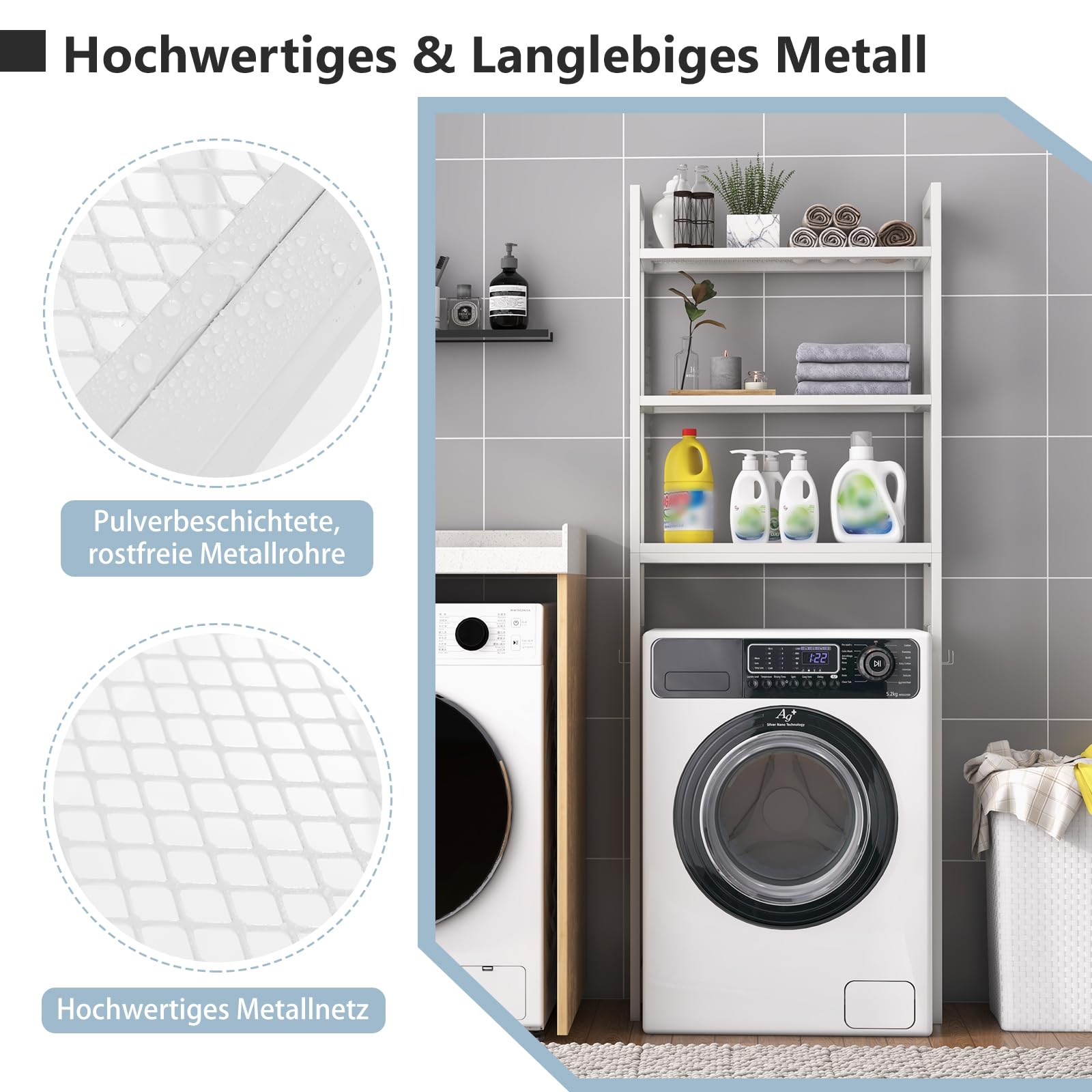 Yorbay Toiletrek met 2 manden, bamboe wc-rek, 3 verdiepingen, verstelbaar badrek met waterdicht voetkussen, multifunctioneel badkamerrek, ruimtebesparend, eenvoudige montage (wit