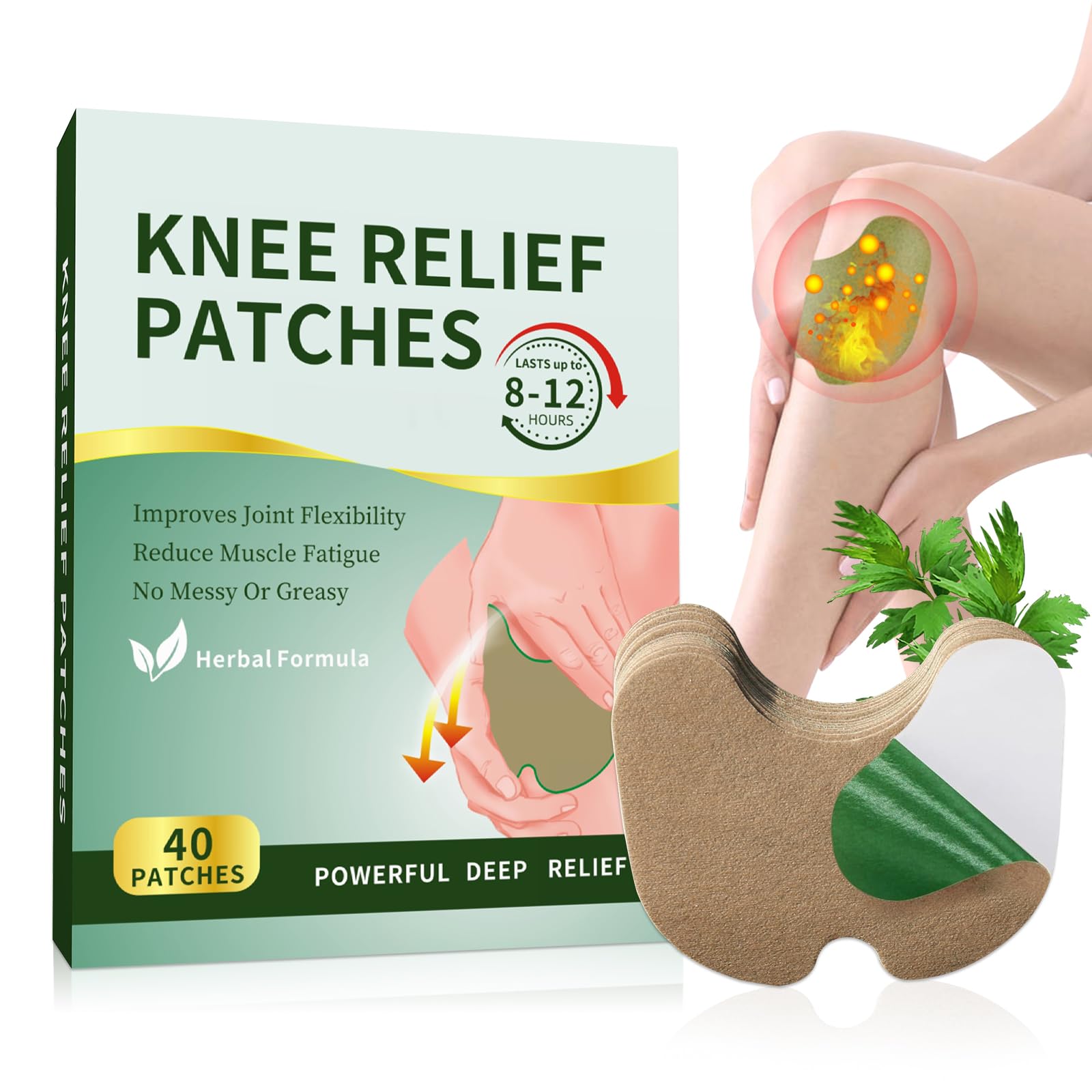 ifory Pain Relief Patches, Herbal Knee Patch, Knee Patches for Pain Relief Bone on Bone, 40Pcs Adhesive Heat Pain Patches, Fast Acting and Long