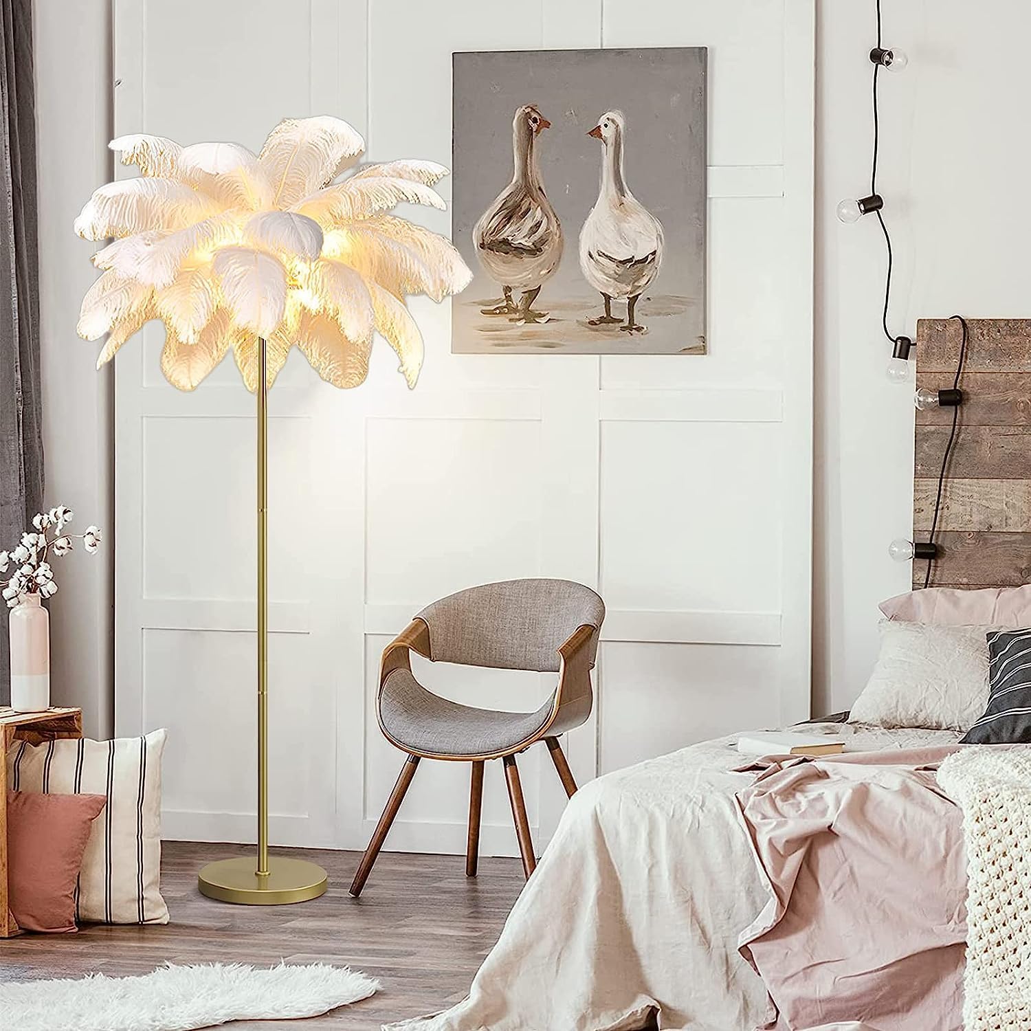 ダチョウの羽根フロアランプ シルバー樹脂製ライトボディ スタンド