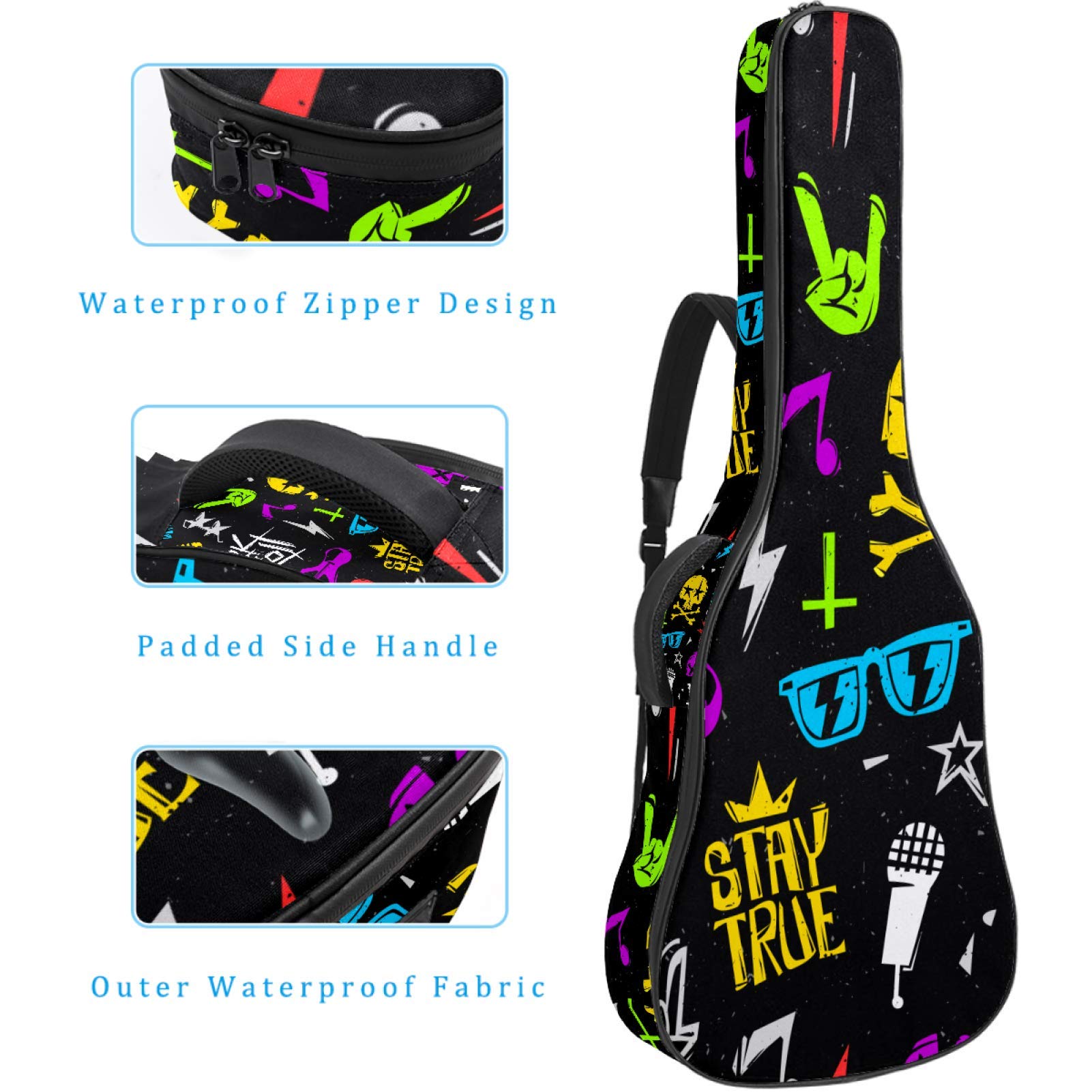 Borsa per chitarra impermeabile con cerniera morbida zaino per chitarra, chitarra acustica e classica folk chitarra elettrica Rock 'N' Roll Music Skull