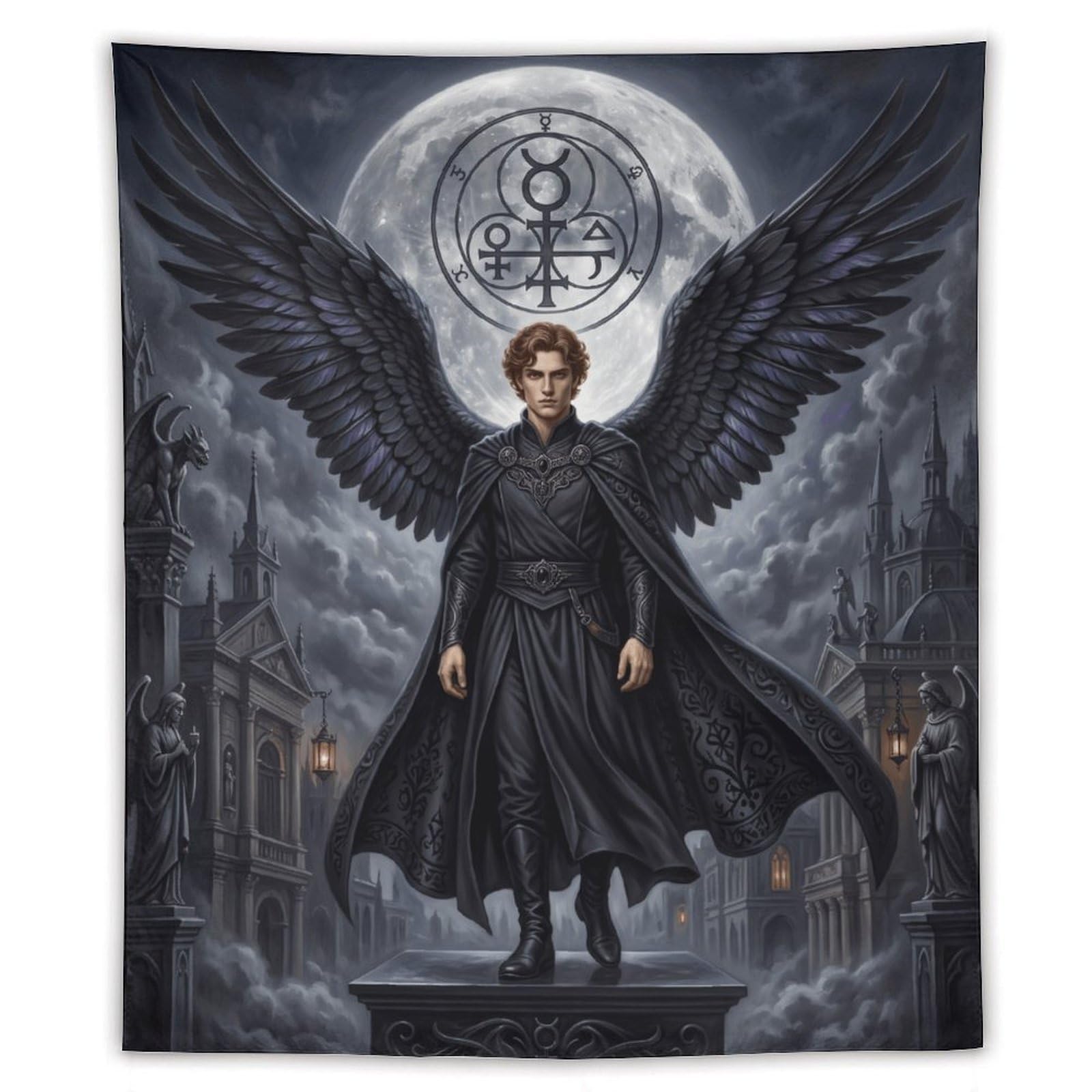 H3B8U2Y5 Dark Angel Lucifer Gothic City Wall Tapestry, Moonlit Ruins