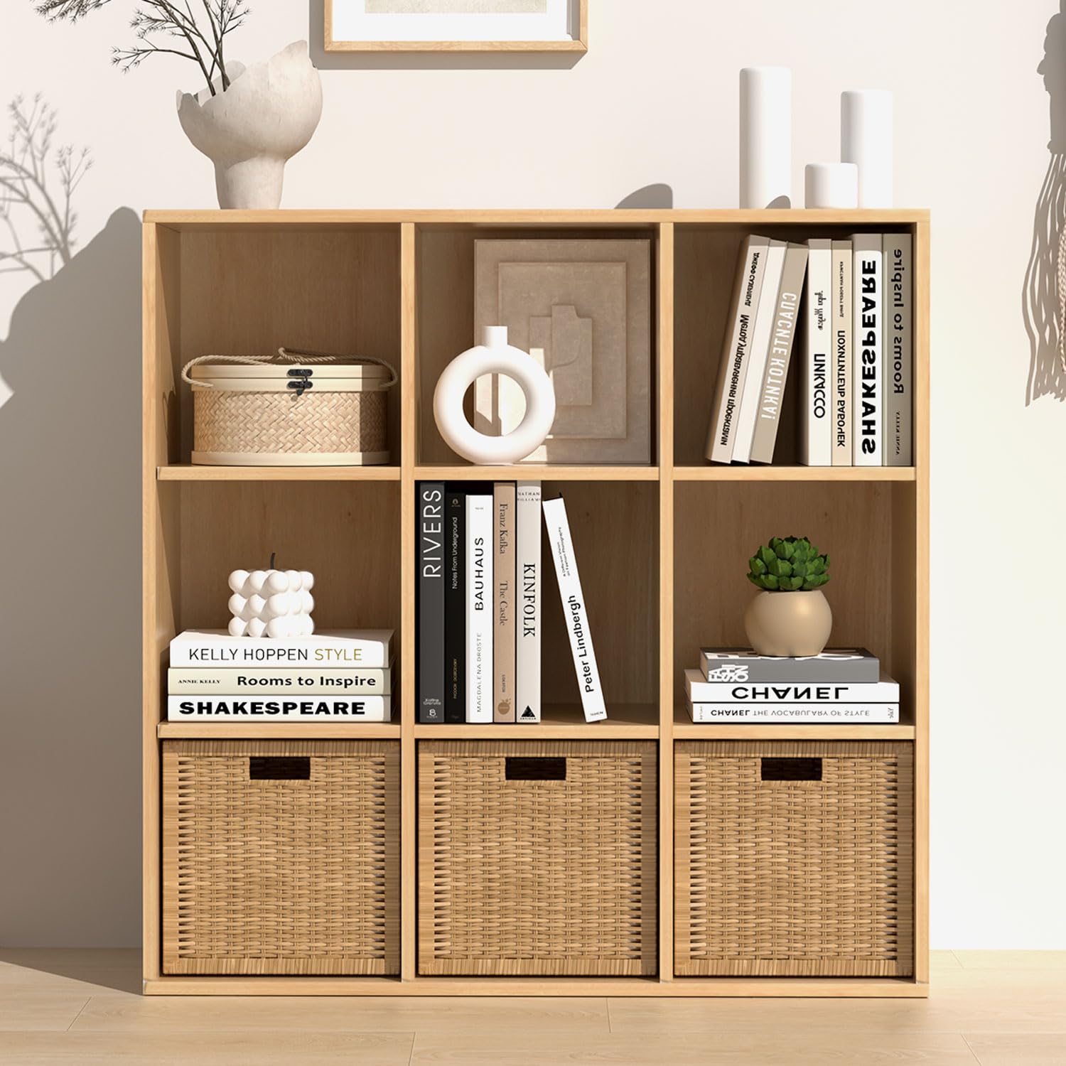 Wooden Cube Storage Organizer with Closed Back Panel,9 Cube Shelf Heavy Duty Cubby Storage Organizer with Compartments for Living,Display Shelf,Bookshelf,Storage Furniture (Oak, 9-Cube)