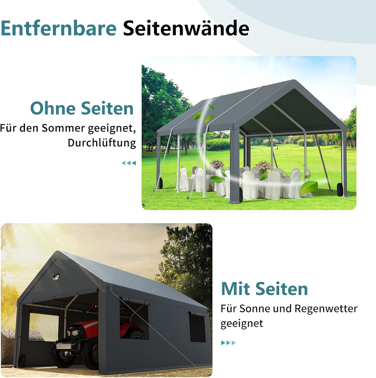 Tenda da garage extra large resistente all'inverno 6 x 6 m con finestra arrotolabile per auto, SUV, barche e camion - Pareti laterali e tetto rimovibili